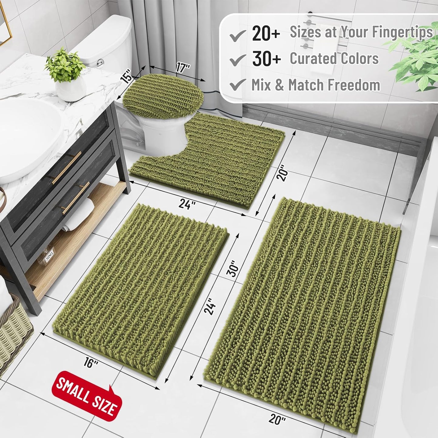 Arotive Luxury Chenille Bathroom Rug Mat, Extra Soft Thick Absorbent Shaggy Bath Rugs, Non-Slip Machine Wash Dry, Plush Bath Mats for Bathroom, Shower and Tub, 24x16, Willow Green