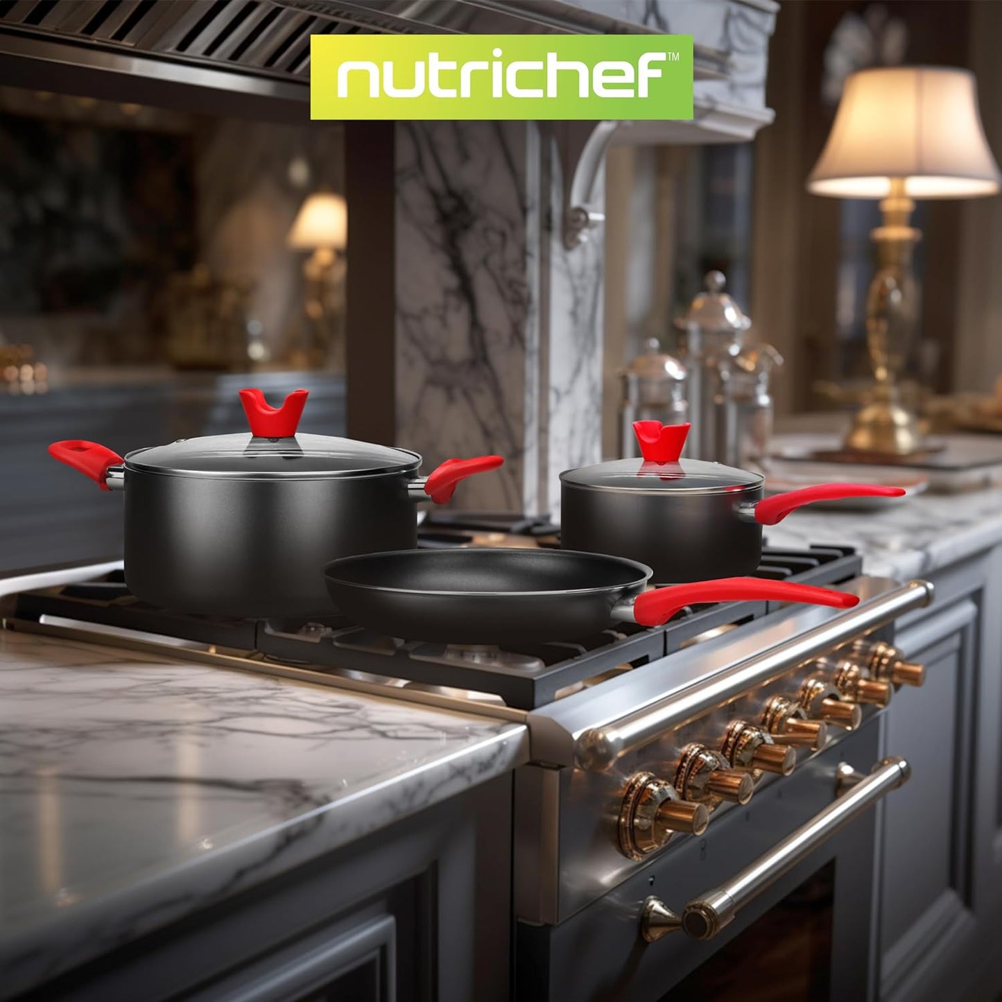 NutriChef 21-Piece Nonstick Cookware Set - PTFE/PFOA/PFOS Free Heat Resistant Lacquer Kitchen Ware Pots Pan w/ Cool-Touch Handles, Saucepan, Fry Pans, Lid, Bakeware, For Gas Electric Ceramic Cooktops