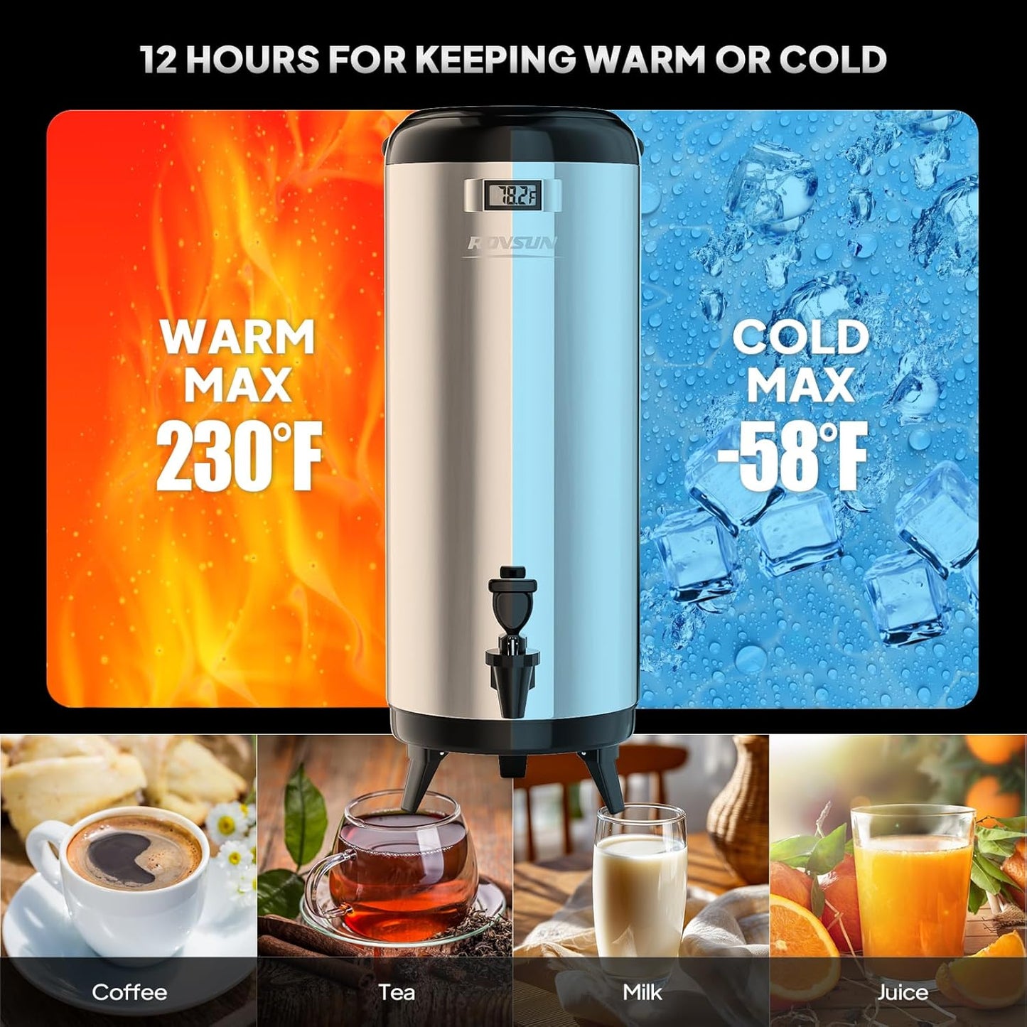 ROVSUN 4.8 Gallon Insulated Beverage Dispenser, Stainless Steel Hot and Cold Drink Dispenser, Ice and Hot Drink Server w/Spigot, Hot and Cold Beverage Server for Coffee, Tea, Milk & Juice