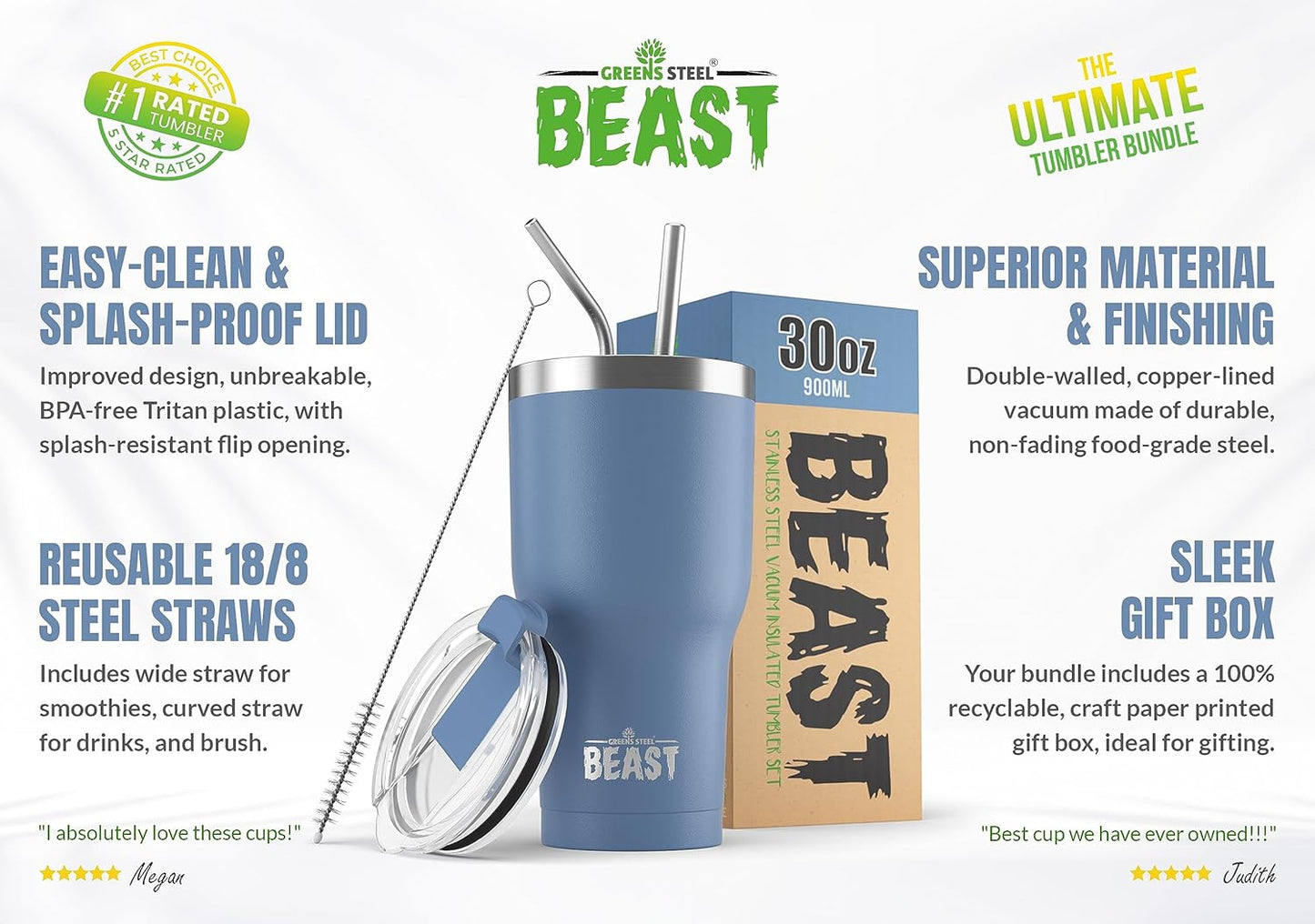 Beast 30 oz Tumbler Stainless Steel Vacuum Insulated Coffee Ice Cup Double Wall Travel Flask (Stormy Sky Blue)