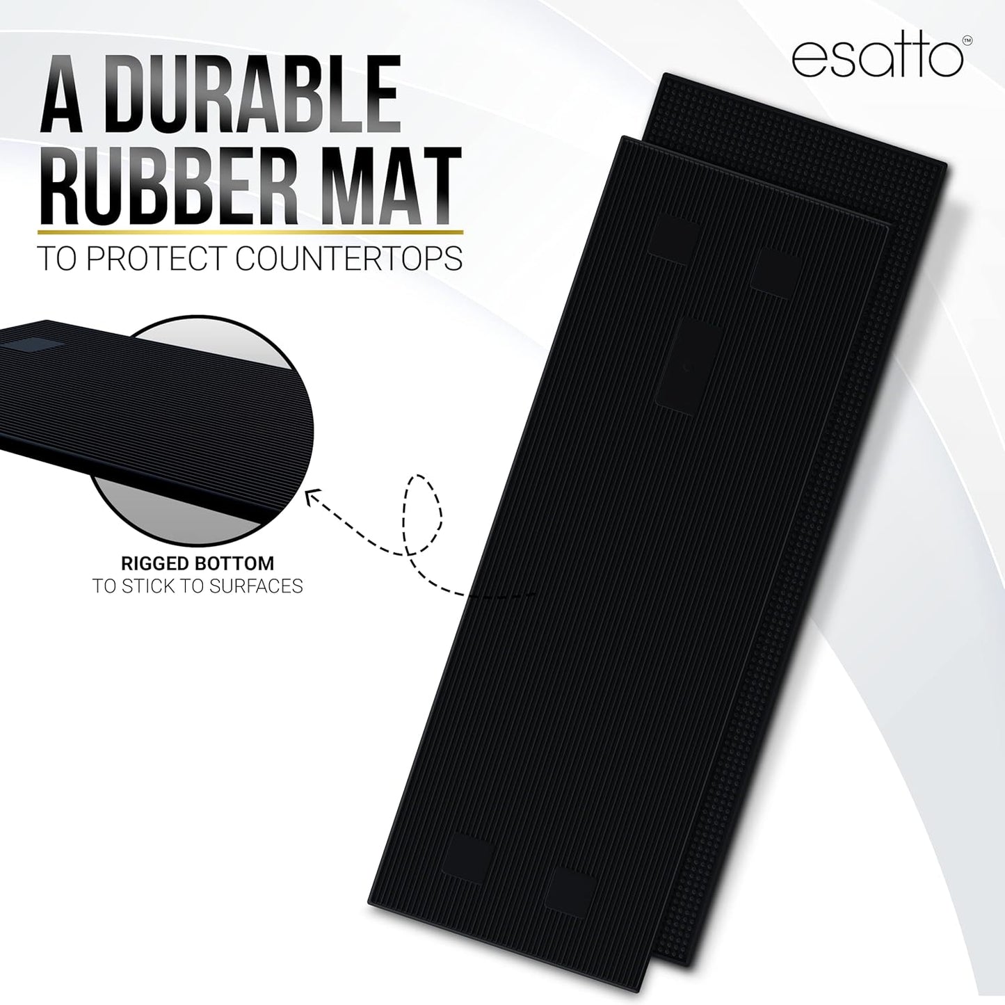 Esatto 23.375¡± x 7.75¡± Double Width Professional Spill Bar Supply Mat Bartender Non-Slip Black Bar Mat Coffee Drinks Mixing Pad for Bars, Home, Kitchen, Restaurants (2 Pack, Black) Includes 3 Pourers