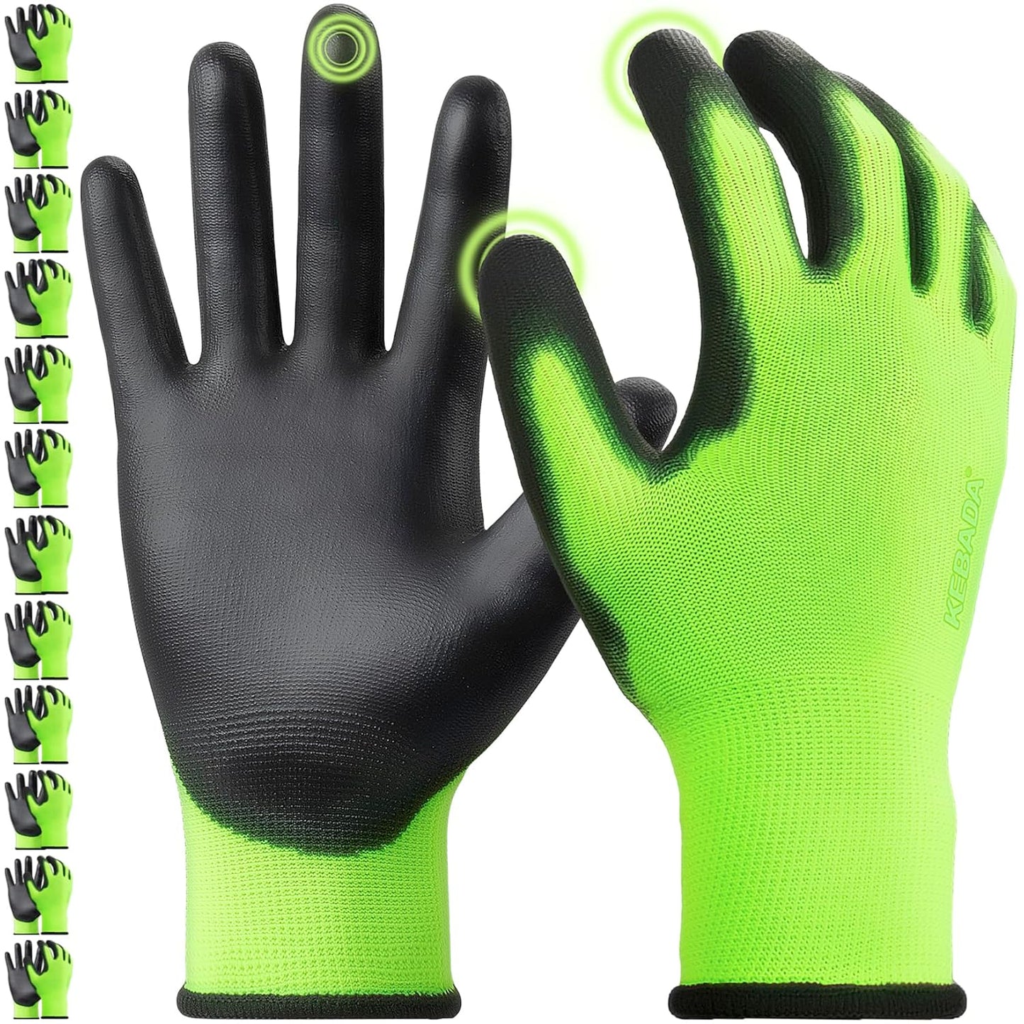 Kebada W1 Work Gloves for Men and Women, PU Coated Safety Gloves with Grip, Touchscreen, Ideal for Warehouse Package Handling, Construction, Gardening, Green Small