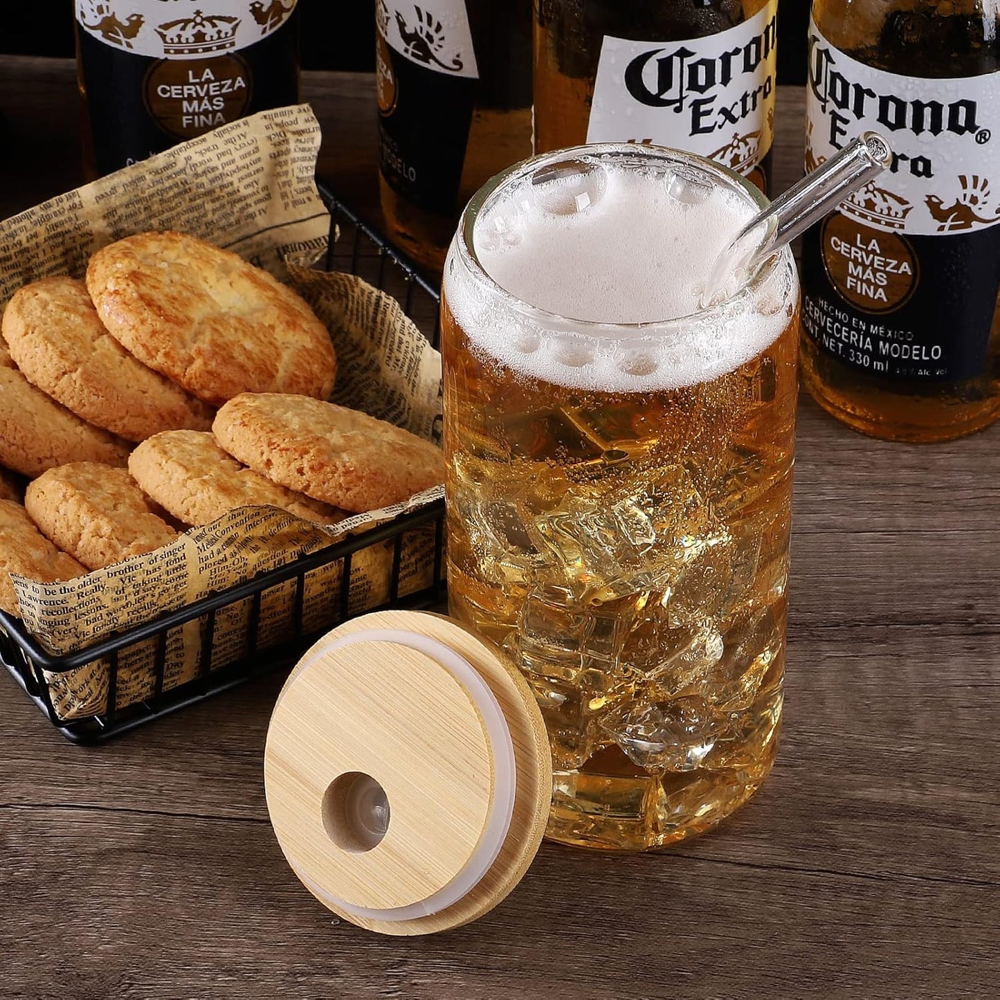 Glass Cups with Lid and Straw, 16oz Beer Glasses Glass Coffee Cups, Iced Coffee Cups with Lid, Glass Tumbler with Straw and Lid (2 PACK)