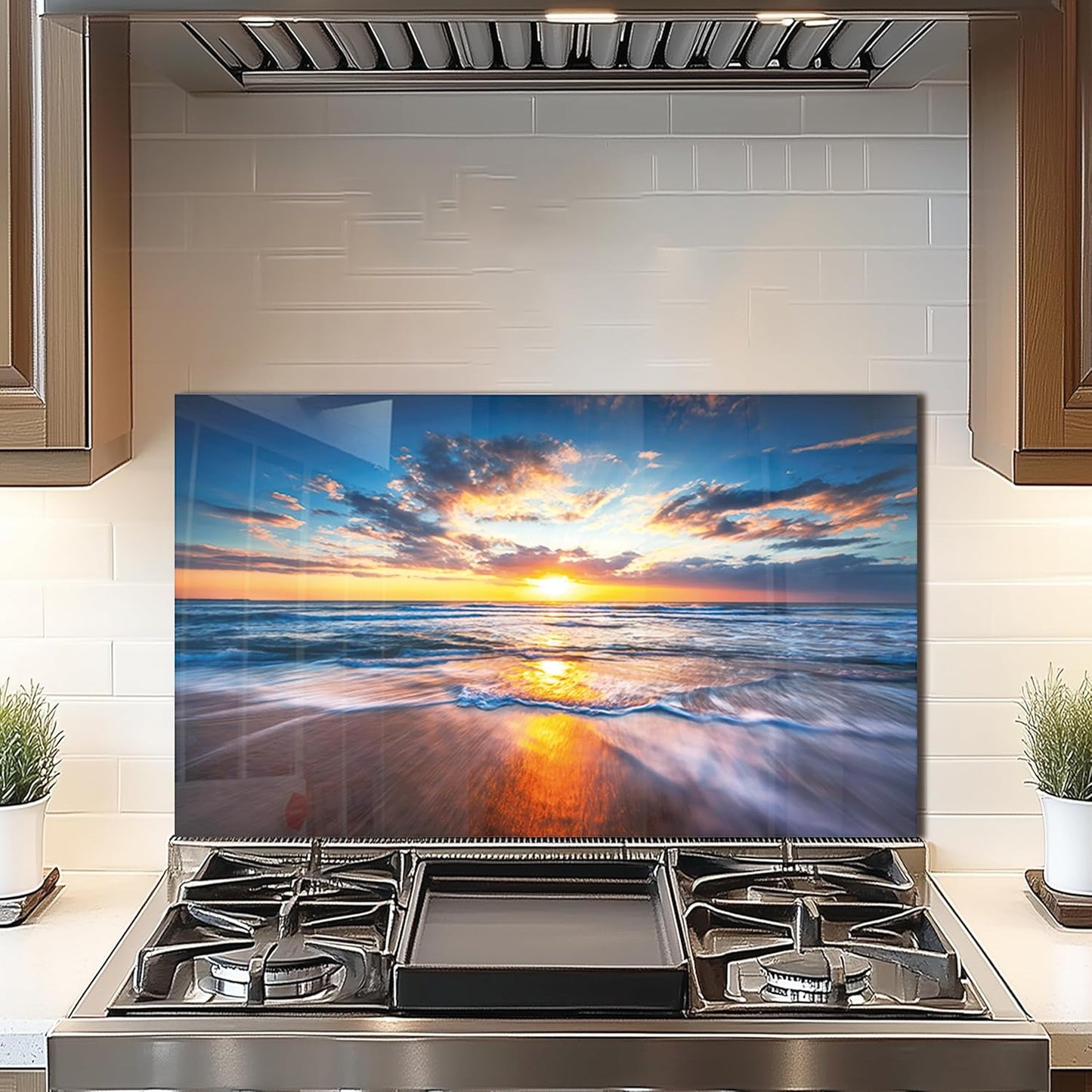 Tempered Glass Backsplash For Kitchen Behind Stove,Sea Beach Stove Backsplash Top Cover,Easy to Clean Glass Splashback, Sink Cover Splash Guard,Home Kitchen Wall Decor (30"x18"(76.2x45.72cm))