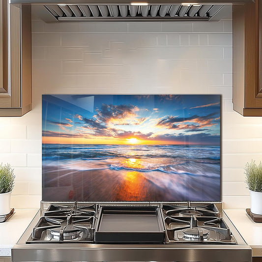 Tempered Glass Backsplash For Kitchen Behind Stove,Sea Beach Stove Backsplash Top Cover,Easy to Clean Glass Splashback, Sink Cover Splash Guard,Home Kitchen Wall Decor (30"x18"(76.2x45.72cm))