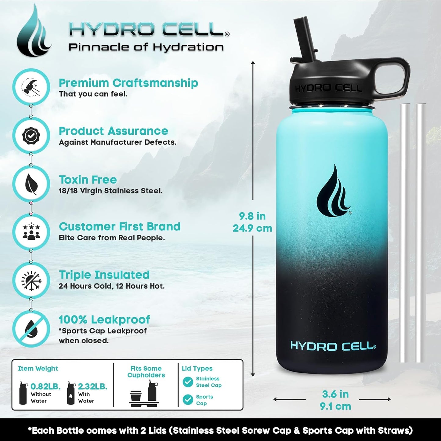 HYDRO CELL Stainless Steel Insulated Water Bottle with Straw - For Cold & Hot Drinks - Metal Vacuum Flask with Screw Cap and Modern Leakproof Sport Thermos for Adults (Teal/Black 32oz)