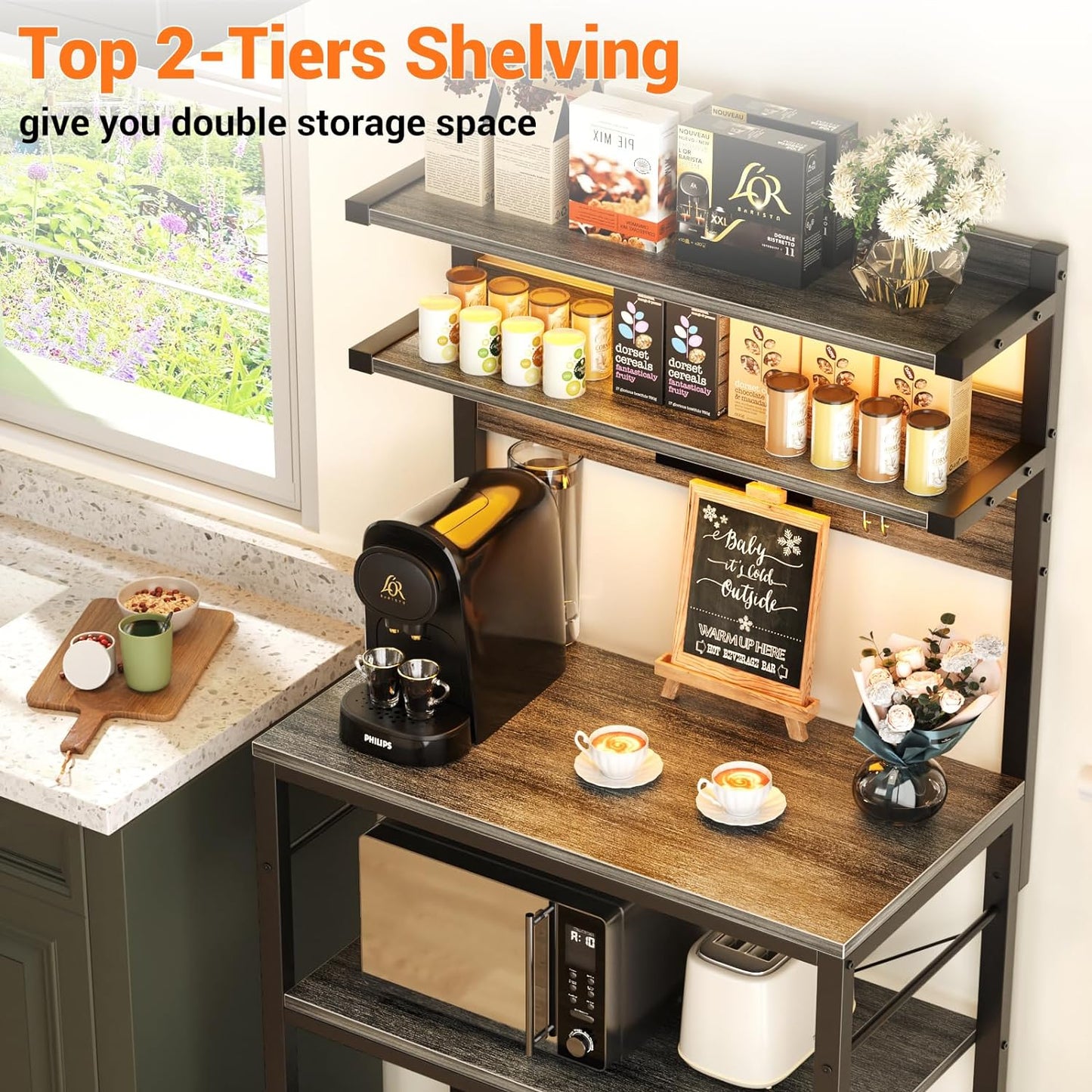 Aheaplus Bakers Rack with Power Outlet, Microwave Stand, 5 Tiers Coffee Bar Station with Led Lights, Kitchen Storage Shelf with 6 S-Shaped Hooks, Kitchen Rack for Spices, Pots and Pans, White Oak