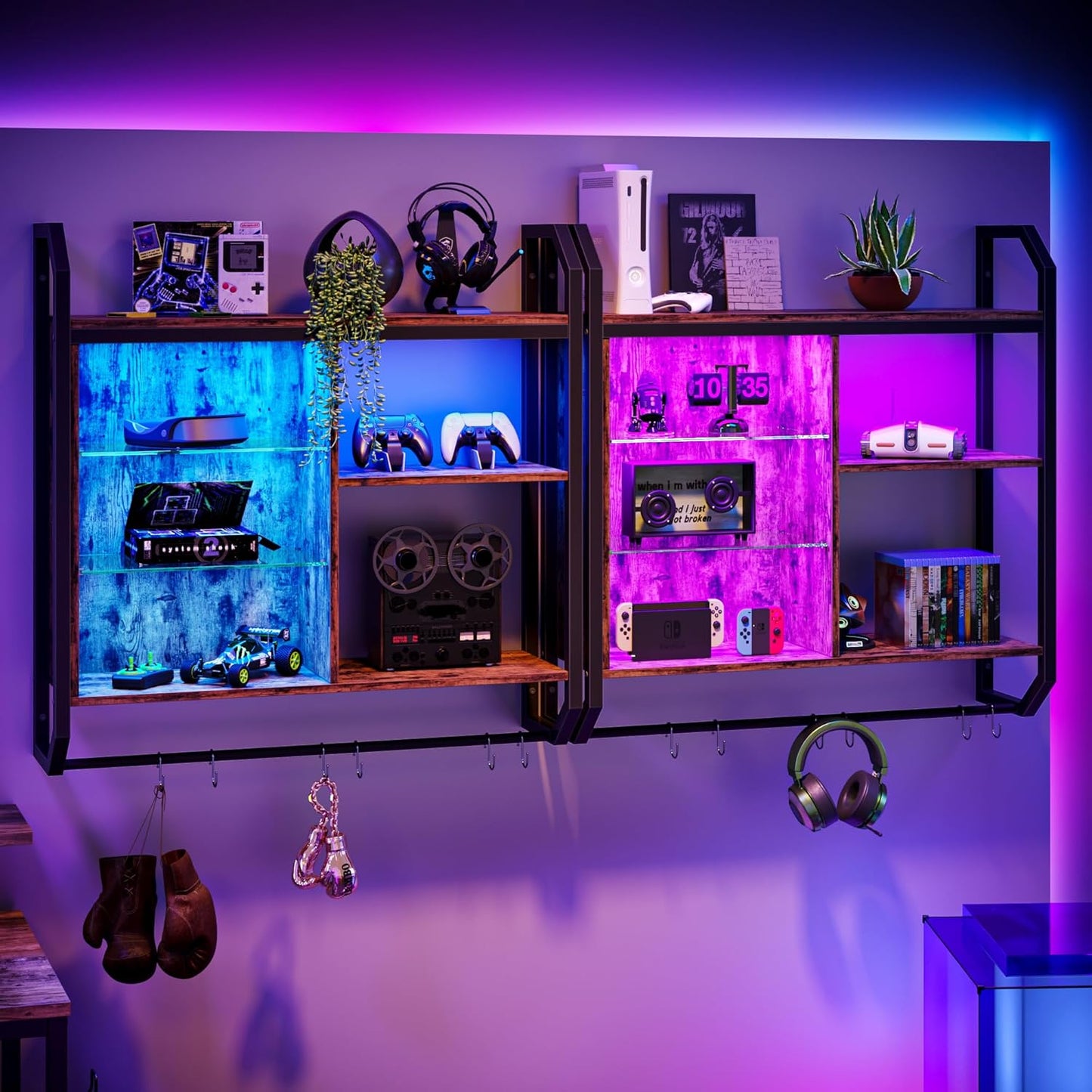Bestier LED Kitchen Floating Shelves, 34" Industrial Pipe Shelves with Adjustable Glass Shelves, Wall Mounted Shelf with 6 S-Hook Towel Bar, Wine Coffee Bar Rack for Room Decor Rustic Brown