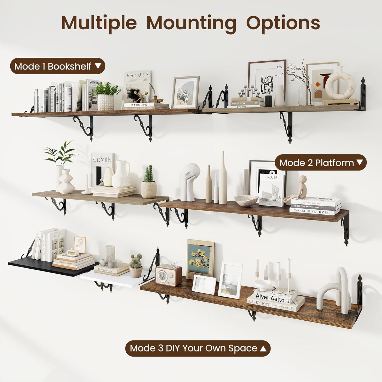 RICHFOCUS 12 Inch Deep Floating Shelves for Wall, 36" W x 12" D Wood Wall Shelves Set of 2, Wide Floating Shelves for Living Room, Bedroom, Kitchen, Bathroom and Decor Storage, Walnut