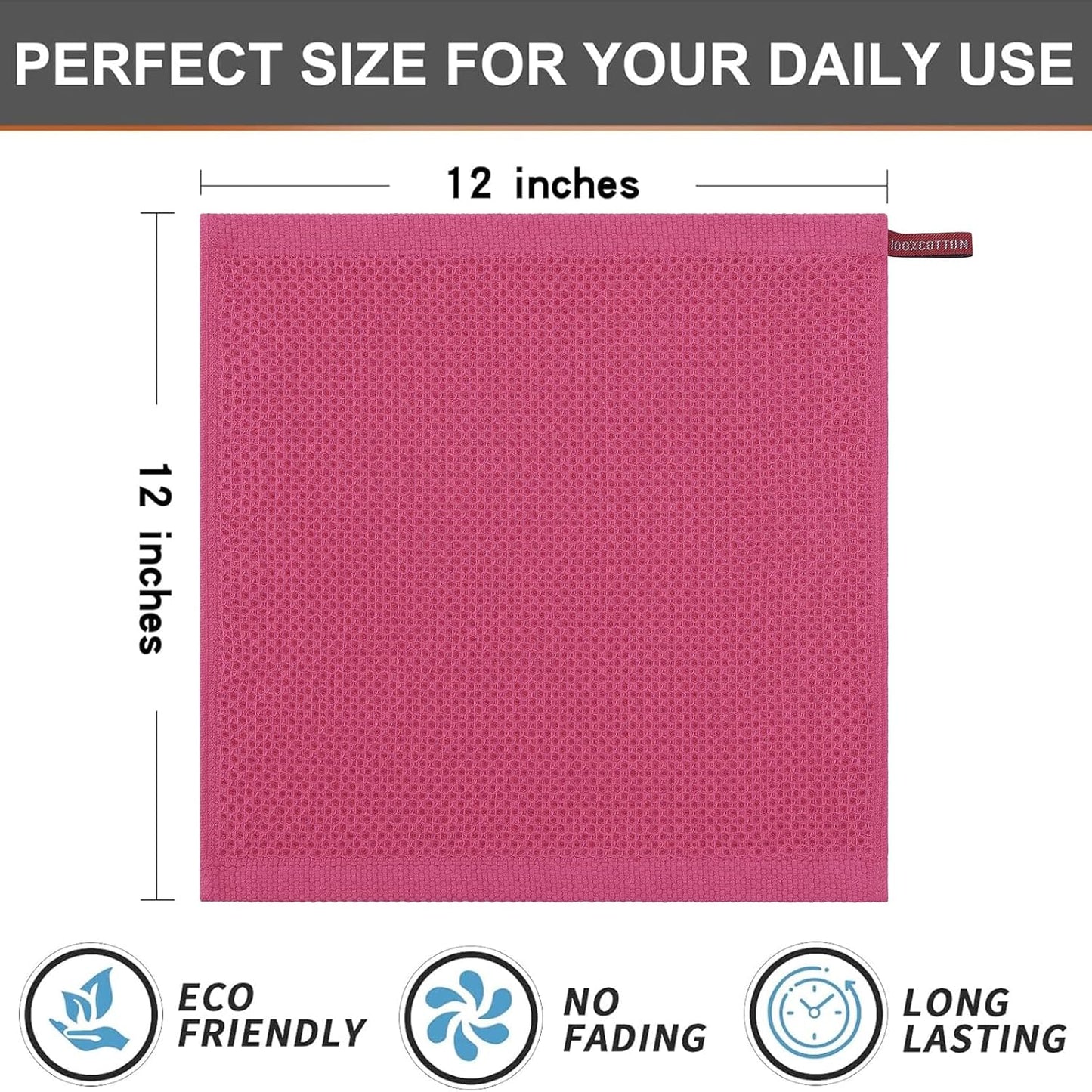Kitinjoy 100% Cotton Kitchen Dish Cloths, 12 Pack Waffle Weave Ultra Soft Absorbent Dish Towels for Drying Dishes Quick Drying Kitchen Towels Dish Rags, 12 X 12 Inches, Hot Pink