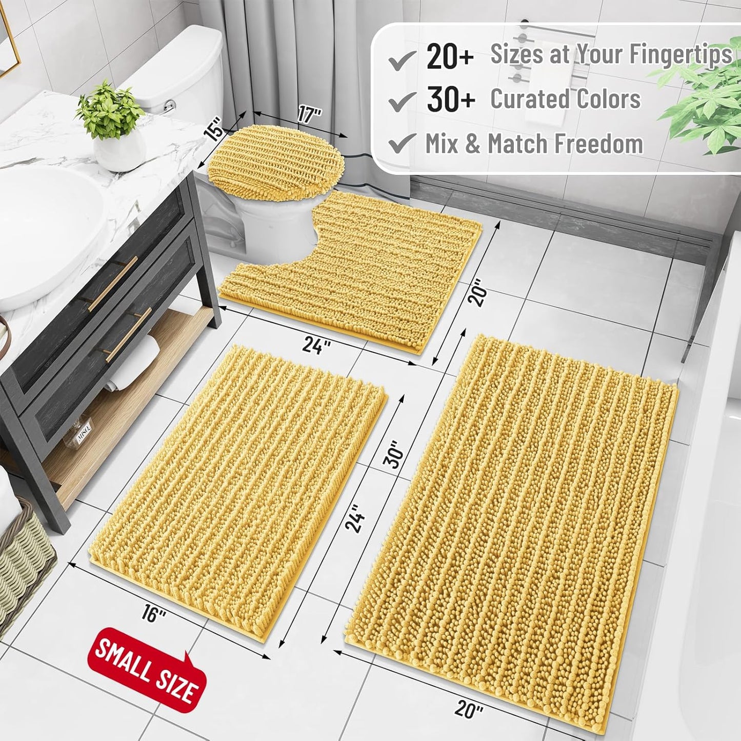 Arotive Luxury Chenille Bathroom Rug Mat, Extra Soft Thick Absorbent Shaggy Bath Rugs, Non-Slip Machine Wash Dry, Plush Bath Mats for Bathroom, Shower and Tub, 60x24, Yellow