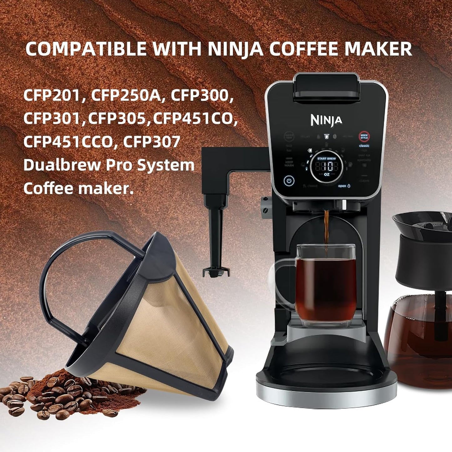 Coffee Permanent Filter for Ninja CFP Dual Brew, Reusable Gold Tone Coffee Filter Basket Compatible with Ninja Coffee Makers CFP300 CFP301 CFP305 CFP307 (2 Packs)