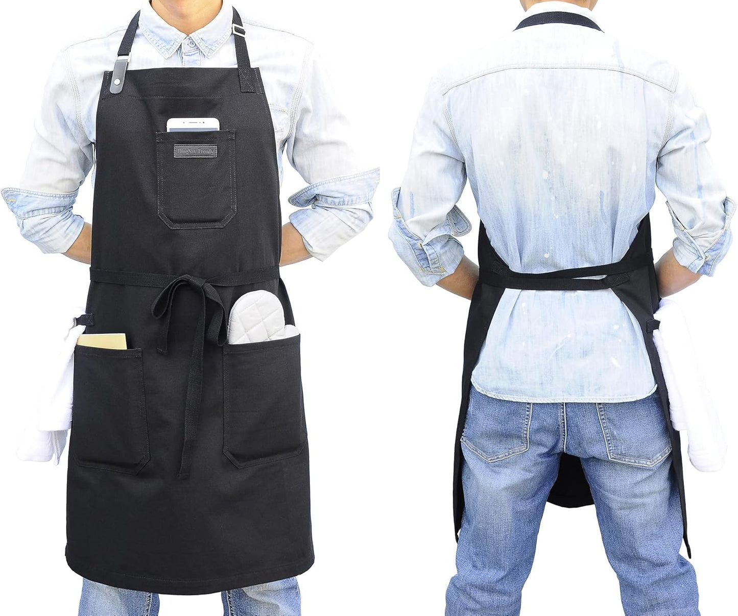 Black Cotton Kitchen Apron, Mens Womens Professional Cooking Bib Apron for Chef Grill BBQ, with Pockets Towel Loop and Adjustable Neck Strap