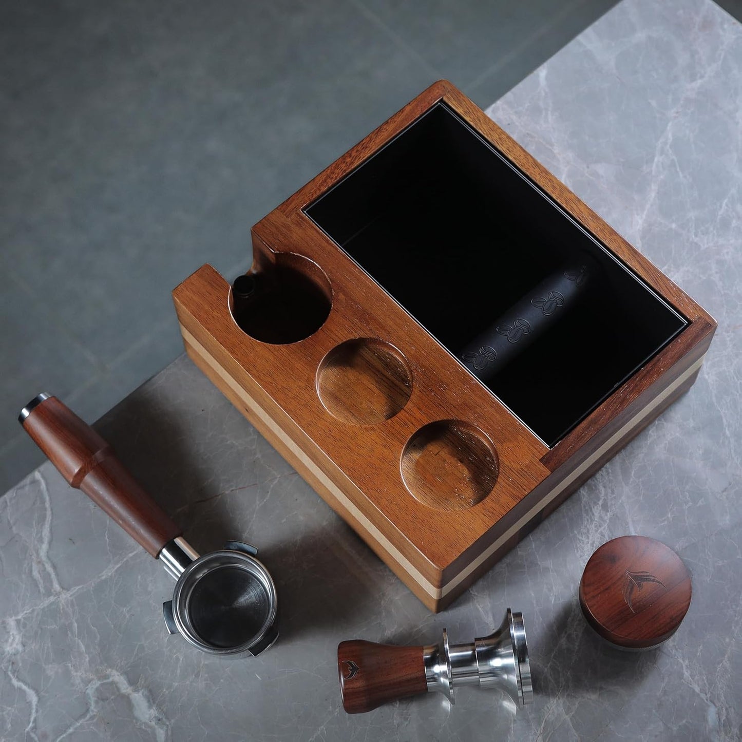 51mm Espresso Knock Box and Tamping Station – Walnut Espresso Tool Organizer with Detachable Knock Box, Tamper Holder, and Portafilter Stand – Perfect for 51mm Espresso Accessories