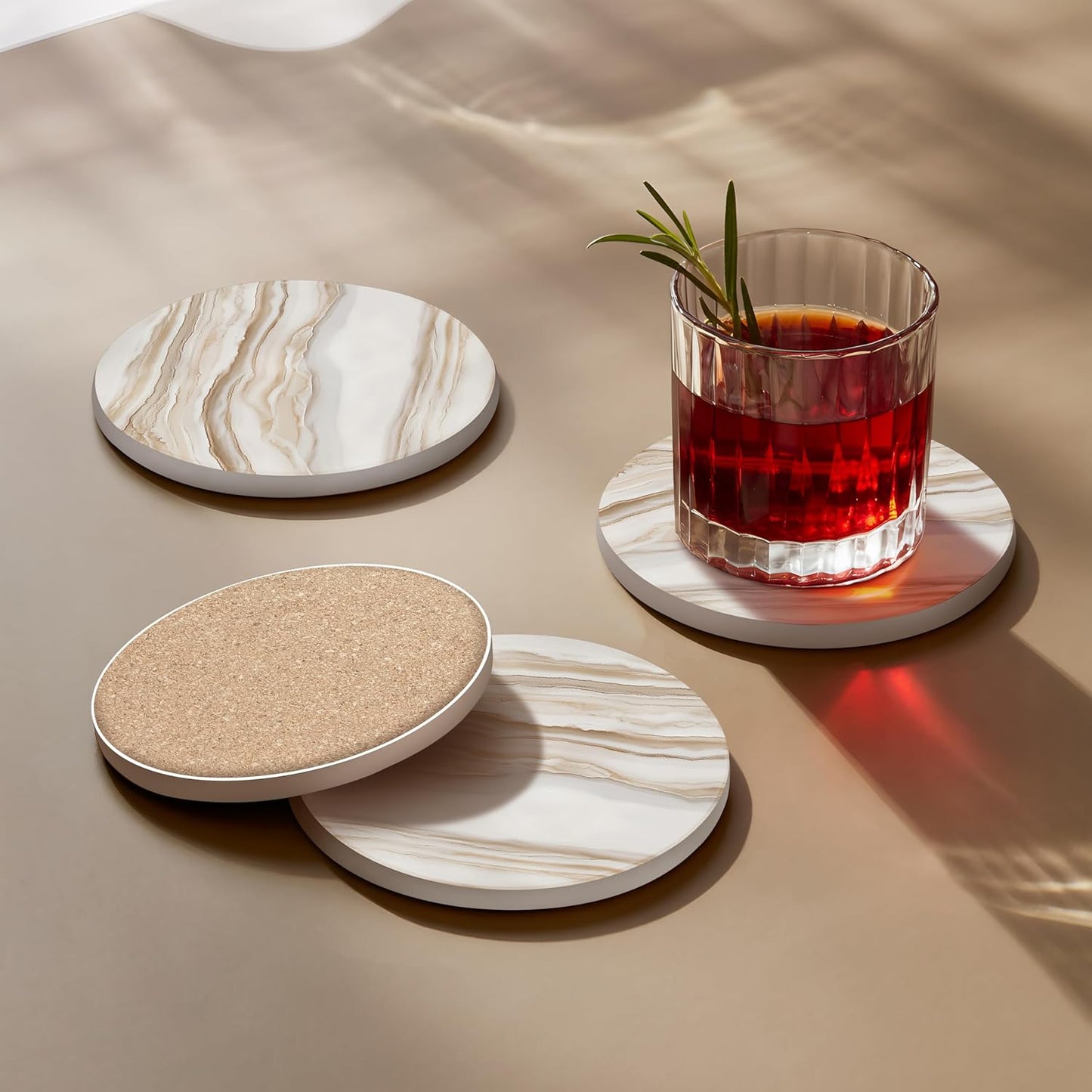 VEYRO Coasters Set of 4 for Drinks – Absorbent Ceramic Stone Drink Coasters with Cork Backing for Coffee Table & Desk, Modern Marble Look Cup Coaster Set, Housewarming Gift for New Home