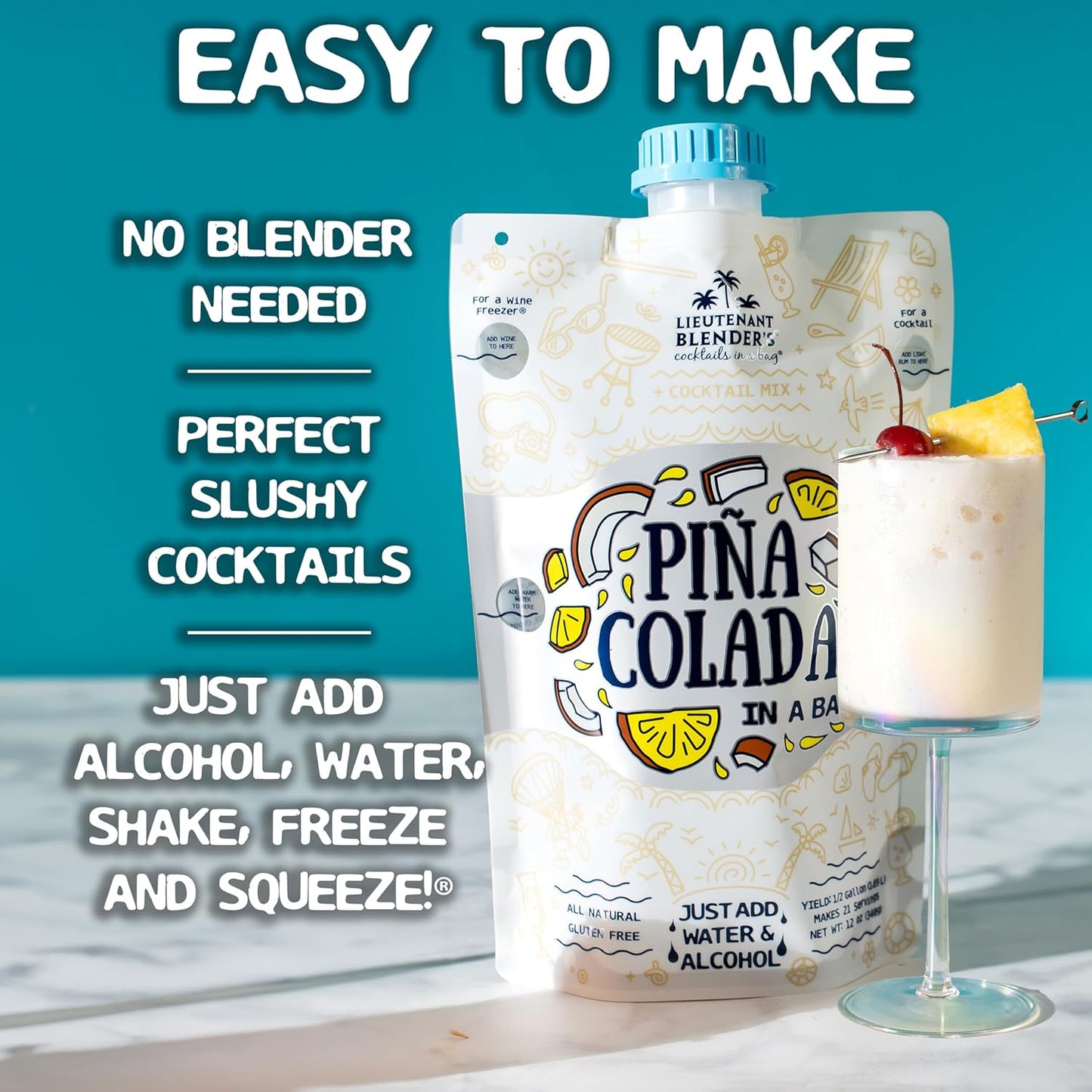 Lt. Blender's Pina Colada in a Bag – Pina Colada Drink Mix - Each Bag Makes 1/2 Gallon of Slushie Pina Colada Mix – Cocktail Mix - Make a Cocktail, Wine Slushie or Mocktail - (Pack of 1)
