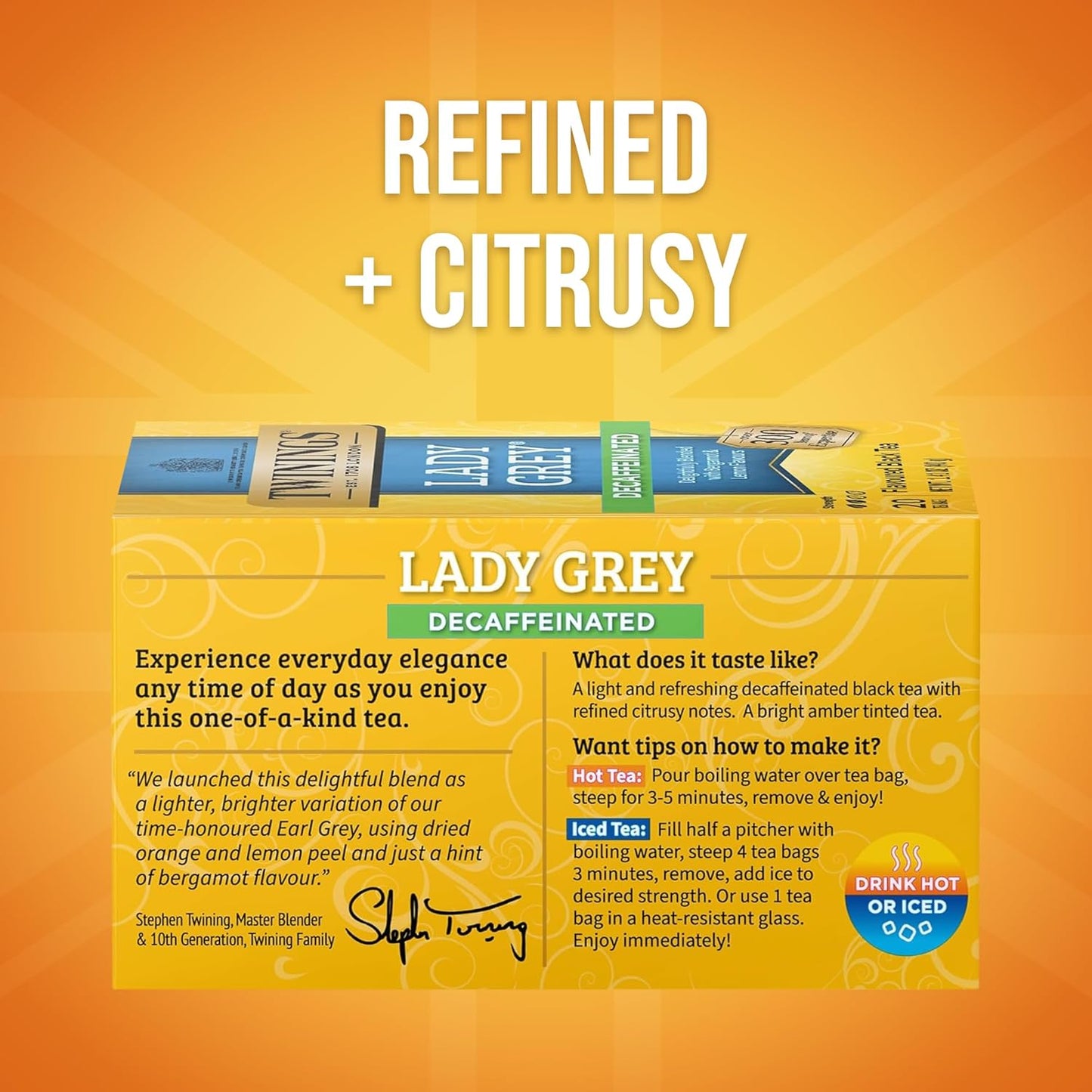 Twinings Decaffeinated Lady Grey Black Tea Individually Wrapped Bags, 20 Count (Pack of 1), Orange Peel & Lemon Peel, Enjoy Hot or Iced, 20 Teabags