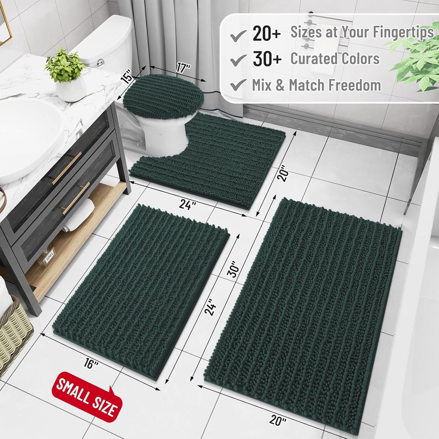 Arotive Luxury Chenille Bathroom Rug Mat, Extra Soft Thick Absorbent Shaggy Bath Rugs, Non-Slip Machine Wash Dry, Plush Bath Mats for Bathroom, Shower and Tub, 60x20, Dark Green