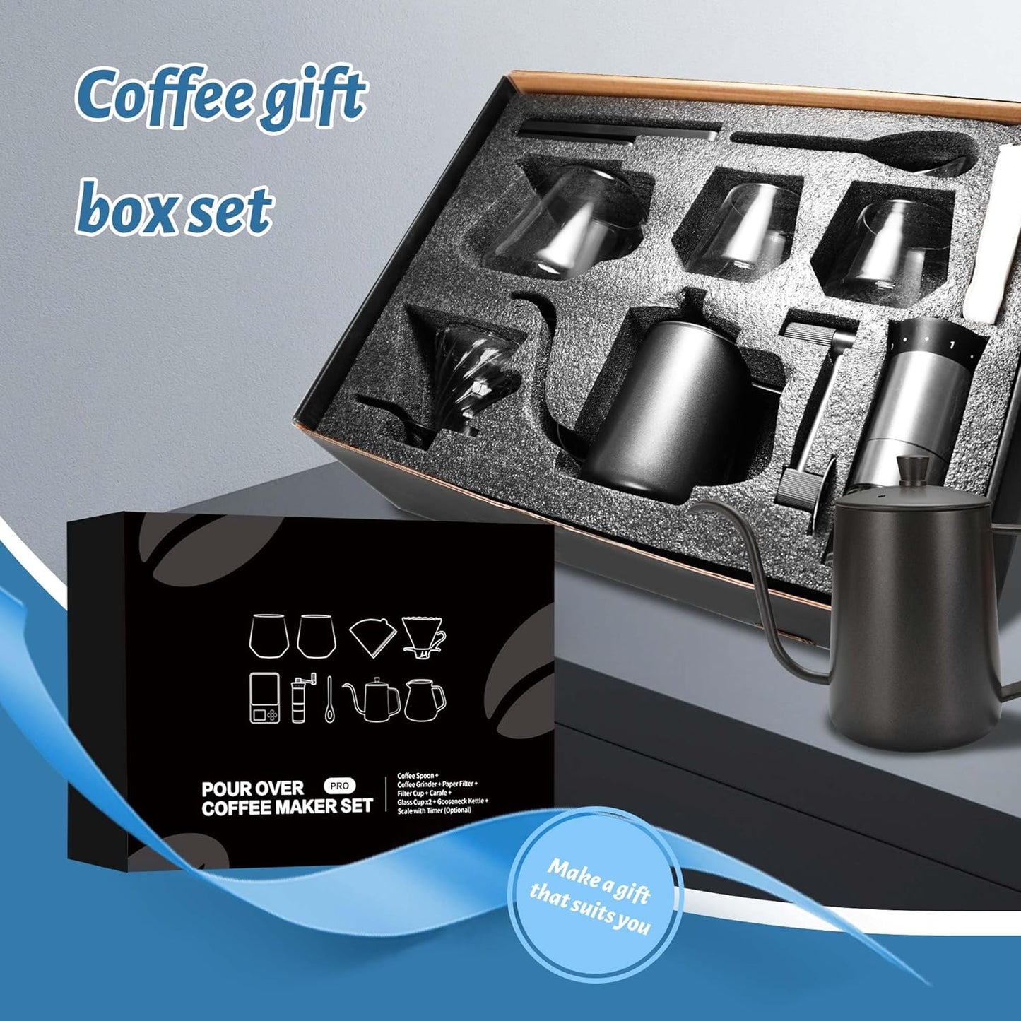 SuperCook Hand Drip Pour Over Coffee Set, All in One Includes Gooseneck Kettle, V60 Glass Dripper, Paper Filter, Cups, Manual Grinder, Scale, Ideal for Anniversary Birthday Gift