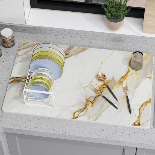 Large Stone Drying Mat for Kitchen Counter, 24" ¡¿ 16" Diatomite Dish Drying Mat, Quick Dry Stone Mats, Ultra Absorbent Natural Diatomaceous Earth Mats for Dished, Bottles, White Marble