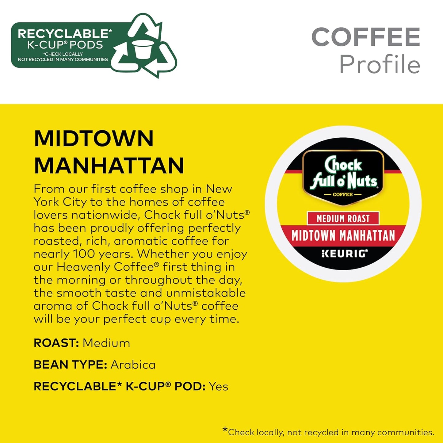 Chock full o’Nuts Midtown Manhattan Keurig K-Cup Pods for Keurig Brewers – Premium Arabica, Medium Roast – Single Serve – 4 Packs of 24 K-Cup Pods