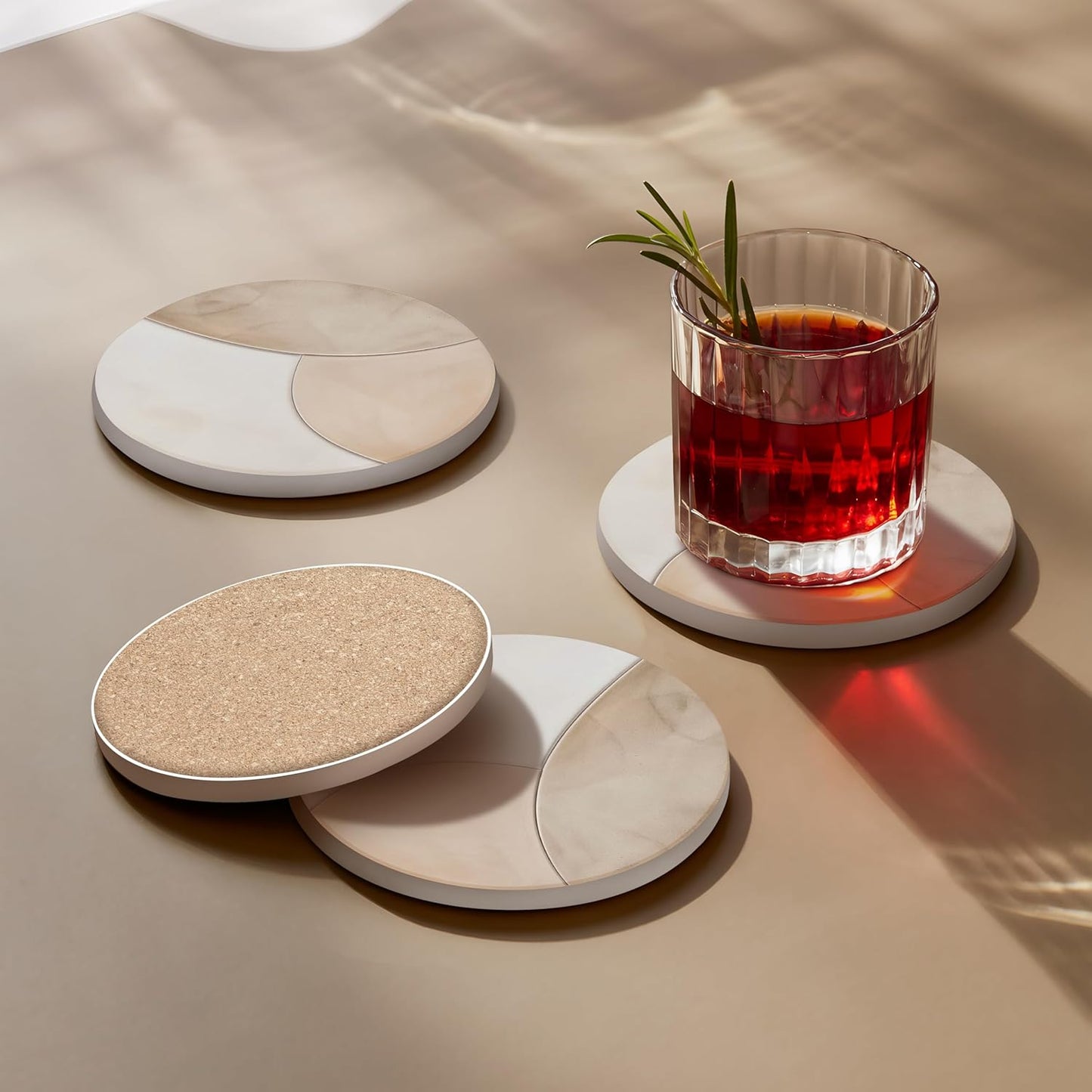 VEYRO Coasters Set of 4 for Drinks – Absorbent Ceramic Stone Drink Coasters with Cork Backing for Coffee Table & Desk, Modern Marble Look Cup Coaster Set, Housewarming Gift for New Home