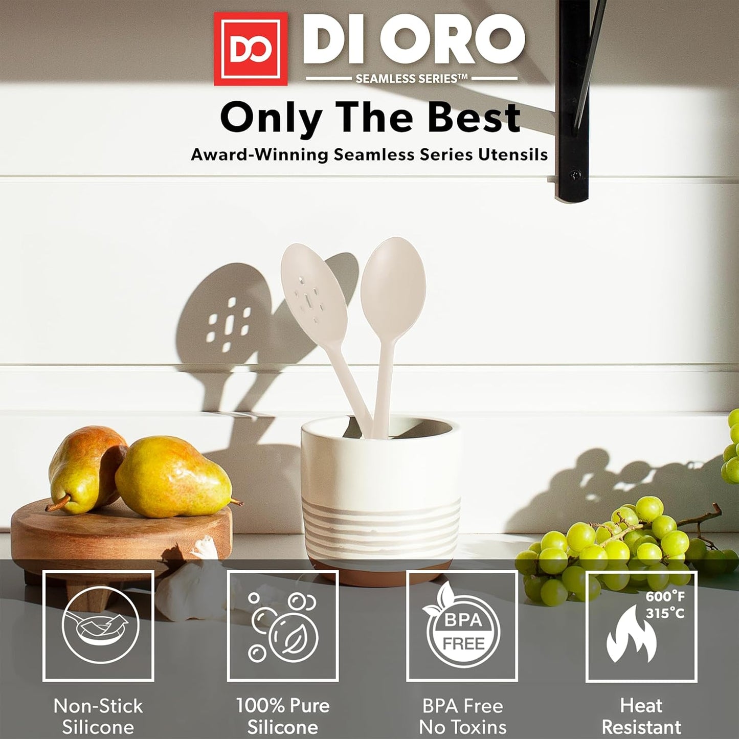 DI ORO Silicone Spoons for Cooking - Large Kitchen Spoons for Mixing, Serving, & Stirring - 600°F Heat-Resistant Non Stick Utensils – Big Solid & Slotted Basting Spoons - Dishwasher Safe (2pc, Clay)