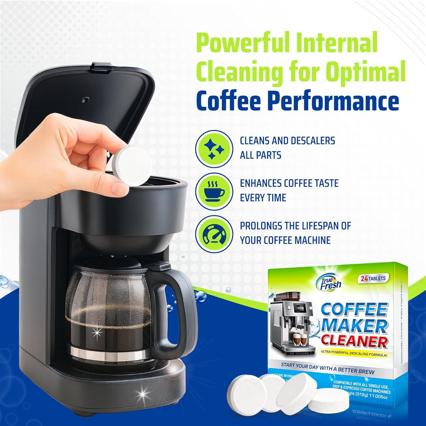 True Fresh Coffee Machine Descaler & Cleaner Tablets - 24 Count, Uses for Keurig, Breville, Miele, Delonghi, Ninja, Nespresso, Coffee Maker Pot cleaning Tabs, Descale Drip Coffee & Espresso Machines
