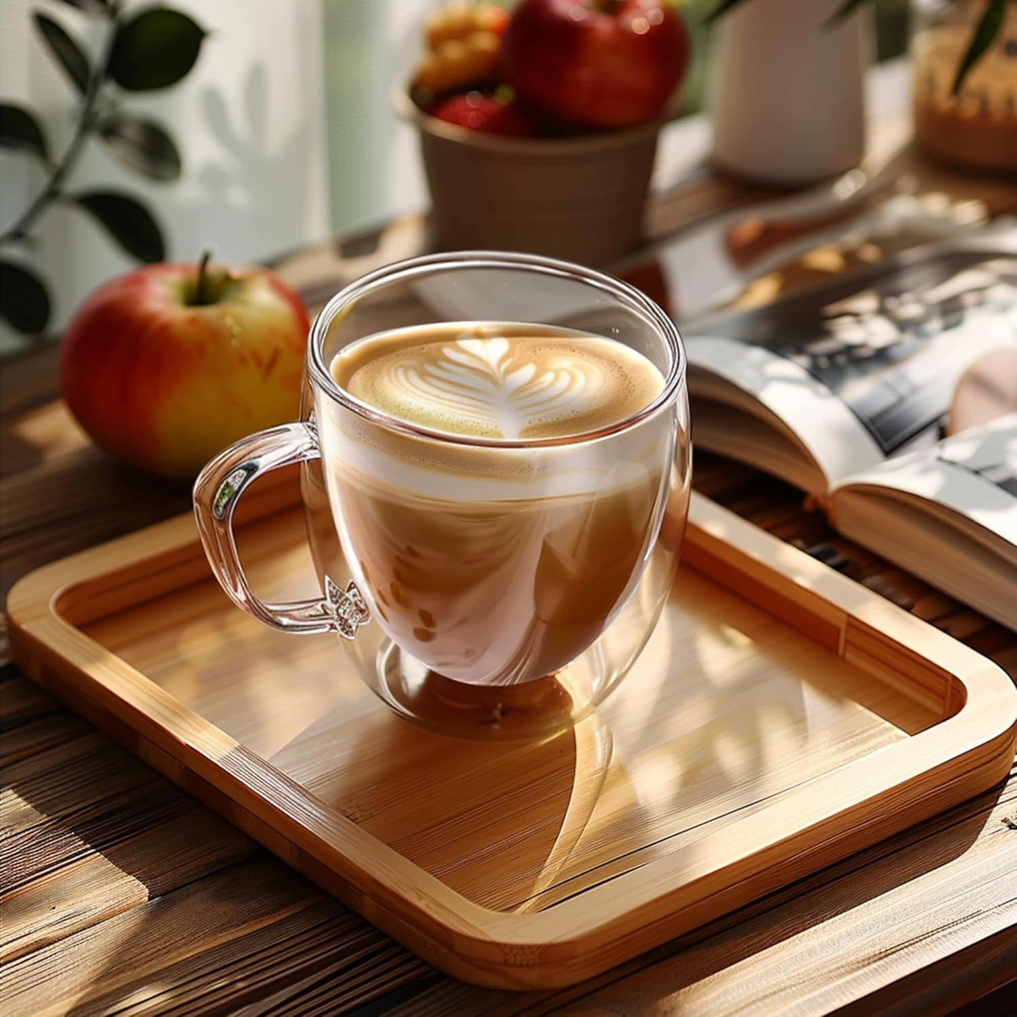 Set of 4 Double Walled Glass Coffee Mugs 6 Ounces Insulated Layer Coffee Cups with Handle Borosilicate Glass Espresso Cup for Hot Beverage,Cappuccino,Tea,Latte,Wine,Microwave Safe