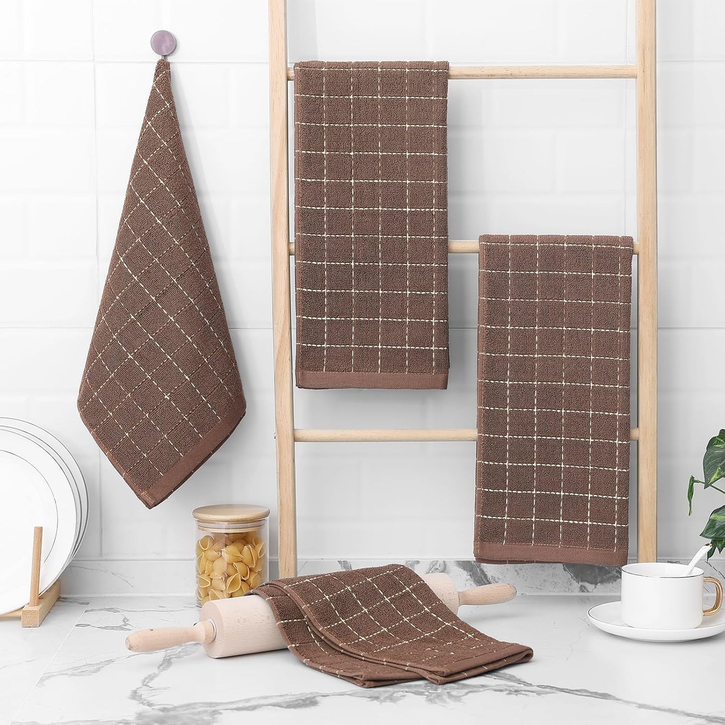 Homaxy 100% Cotton Terry Kitchen Towels(Brown, 13 x 28 inches), Checkered Designed, Soft and Super Absorbent Dish Towels, 6 Pack