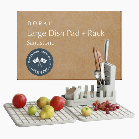 Dorai Home Collapsible Dish Drying Rack and Stone Dish Pad ? Large Foldable Drying Rack with Instant - Dry Stone Mat ? Space-Saving Drainer for Kitchen Counter - 24.6" x 16.5", Sand