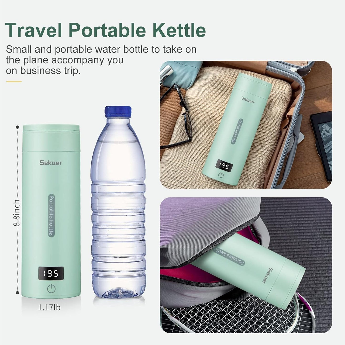 Sekaer Travel Electric Tea Kettle Portable Small Mini Coffee Kettle, with 4 Variable Presets, Personal Hot Water Boiler 304 Stainless Steel with Auto Shut-Off & Boil Dry Protection, SY-618G