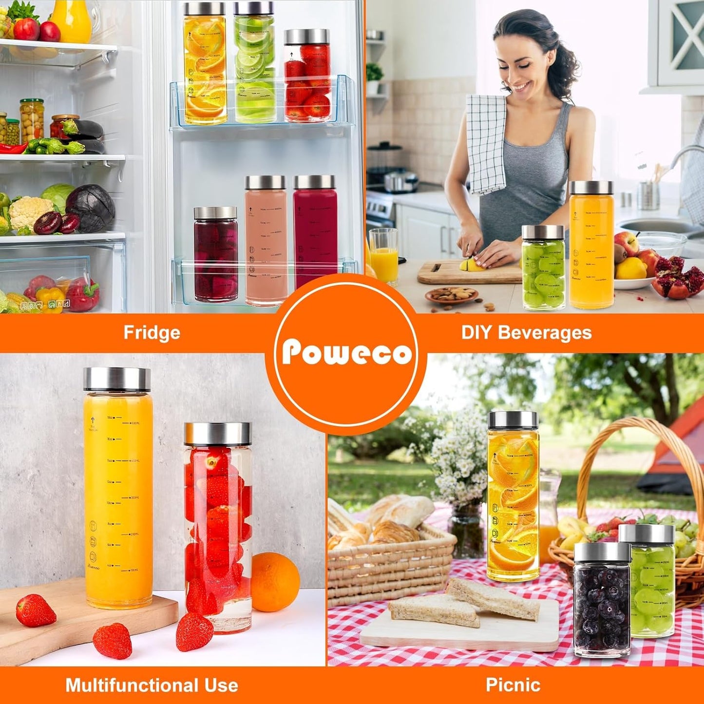 Glass Juice Bottles 6 Pack 12 oz - Wide Mouth Glass Water Bottles with Lids - for Juicing, Protein, Smoothie, Milk, Reusable, BPA Free, Stainless Steel Lids, Blender, Shaker Bottle [12oz/400ml]