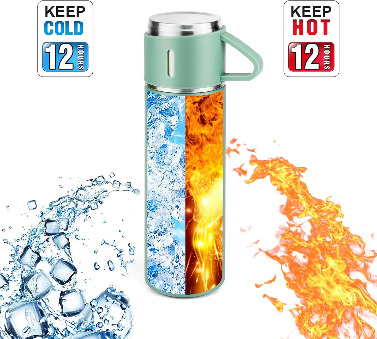 Stainless Steel Thermo 500ml/16.9oz Vacuum Insulated Bottle with Cup for Coffee Hot drink and Cold drink water flask.(Green,Set)