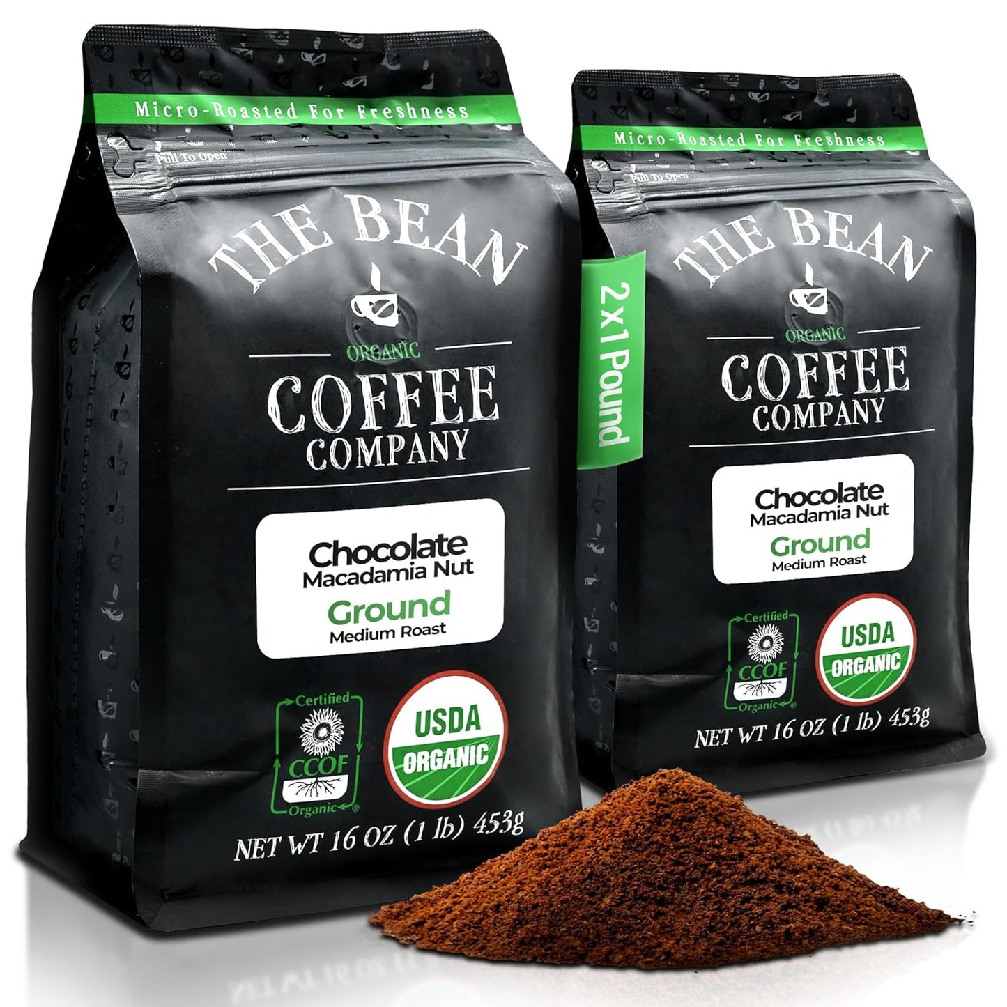 The Bean Organic Coffee Company Chocolate Macadamia Nut, Medium Roast, Ground Coffee, 16-Ounce Bags (Pack of 2), Café molido tostado orgánico