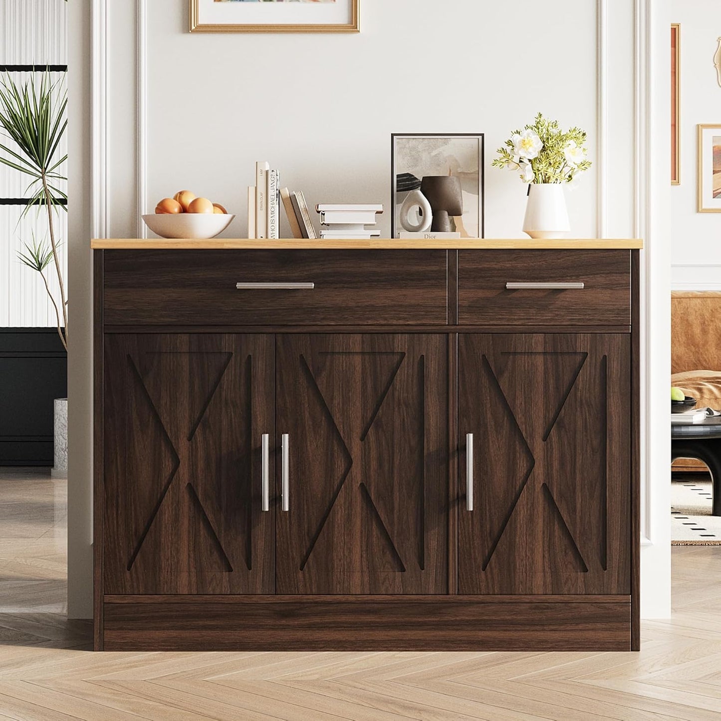 Vongrasig 43” Sideboard Buffet Cabinet with Storage, Farmhouse Coffee Bar with Drawers and Shelves, Wood Buffet Table for Kitchen Dining Room, Living Room, Rustic Brown