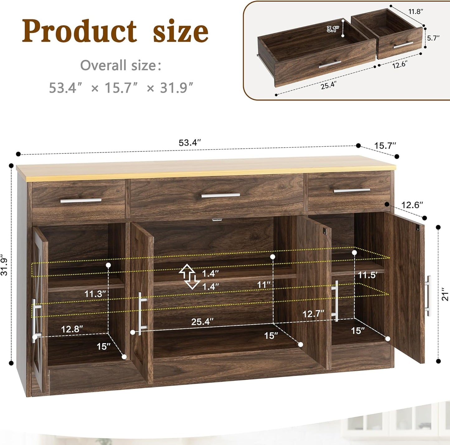 Vongrasig 53' Large Sideboard Cabinet with 4 Doors and 3 Drawers, Farmhouse Buffet Table Coffee Bar Kitchen Storage Cabinet, Wood Cabinet for Kitchen, Dining Room, Rustic Brown