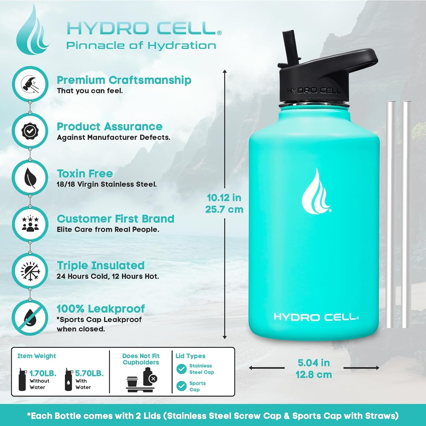 HYDRO CELL Stainless Steel Insulated Water Bottle with Straw - For Cold & Hot Drinks - Metal Vacuum Flask with Screw Cap and Modern Leakproof Sport Thermos for Adults (Teal 64oz)