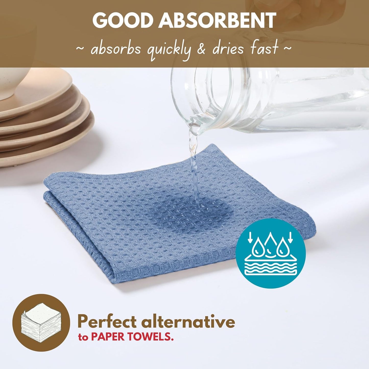 Native Fab Cotton Kitchen Towel with Hanging Loop 16x26 inches, 4-Pack, Waffle Weave Kitchen Towels for Cleaning Drying, Washcloths Soft & Absorbent Cloth Rags, Bar Towel, Dish Cloth, Sky Blue