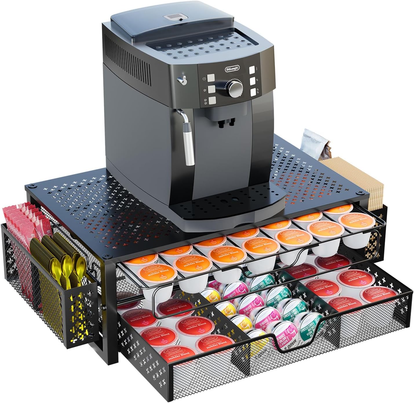 Simple Trending Coffee Pod Holder for K Cups, with 2 Tier Slidng Storage Drawer and Coffee Accessories Holder, 63 Large or 80 Small Capsule Organizer, Black