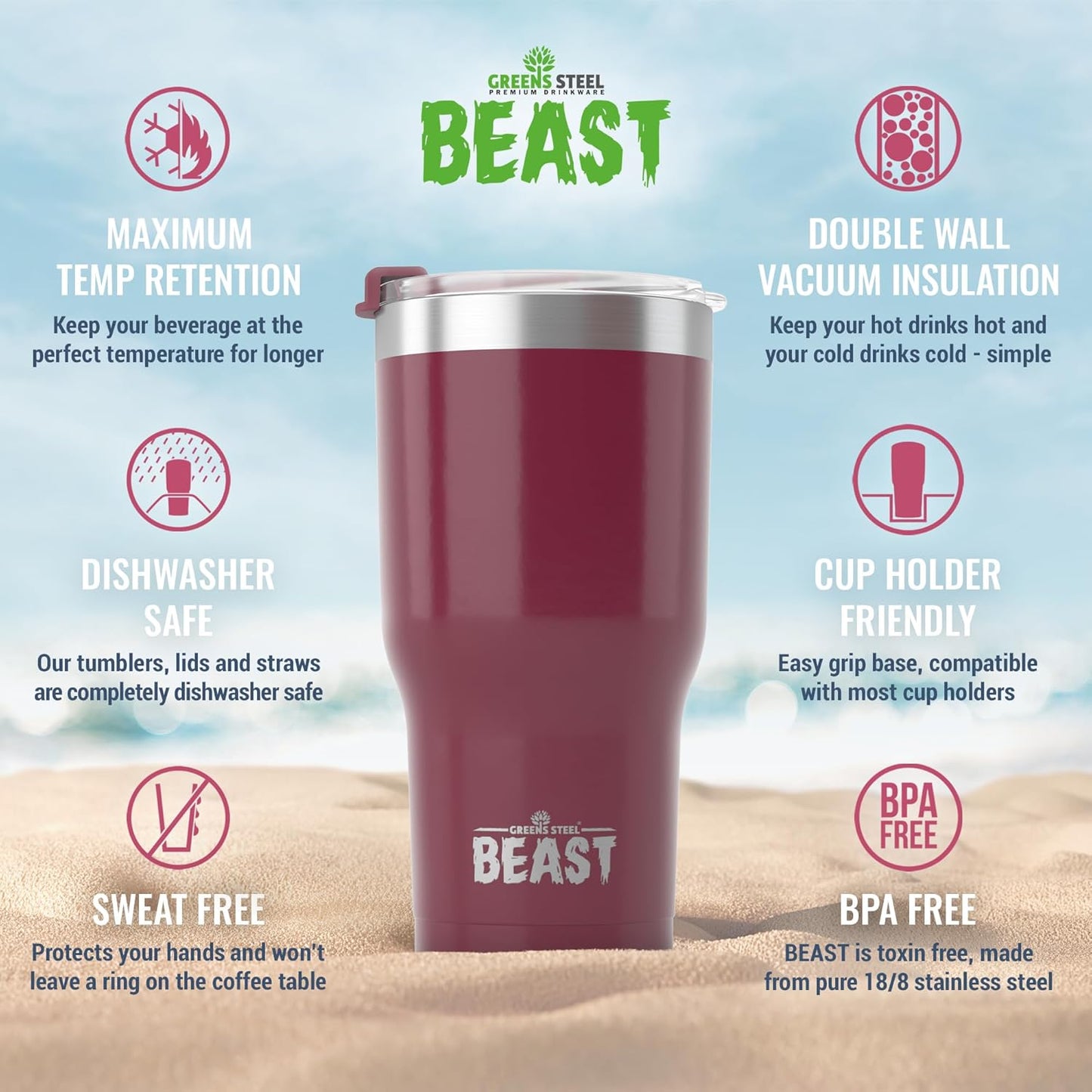 Beast 20 oz Tumbler Stainless Steel Vacuum Insulated Coffee Ice Cup Double Wall Travel Flask (Cranberry Red)