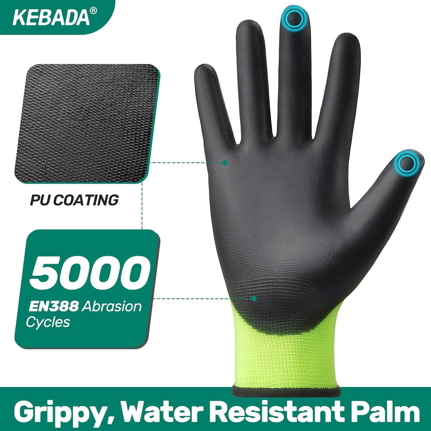Kebada W1 Work Gloves for Men and Women, PU Coated Safety Gloves with Grip, Touchscreen, Ideal for Warehouse Package Handling, Construction, Gardening, Green Small