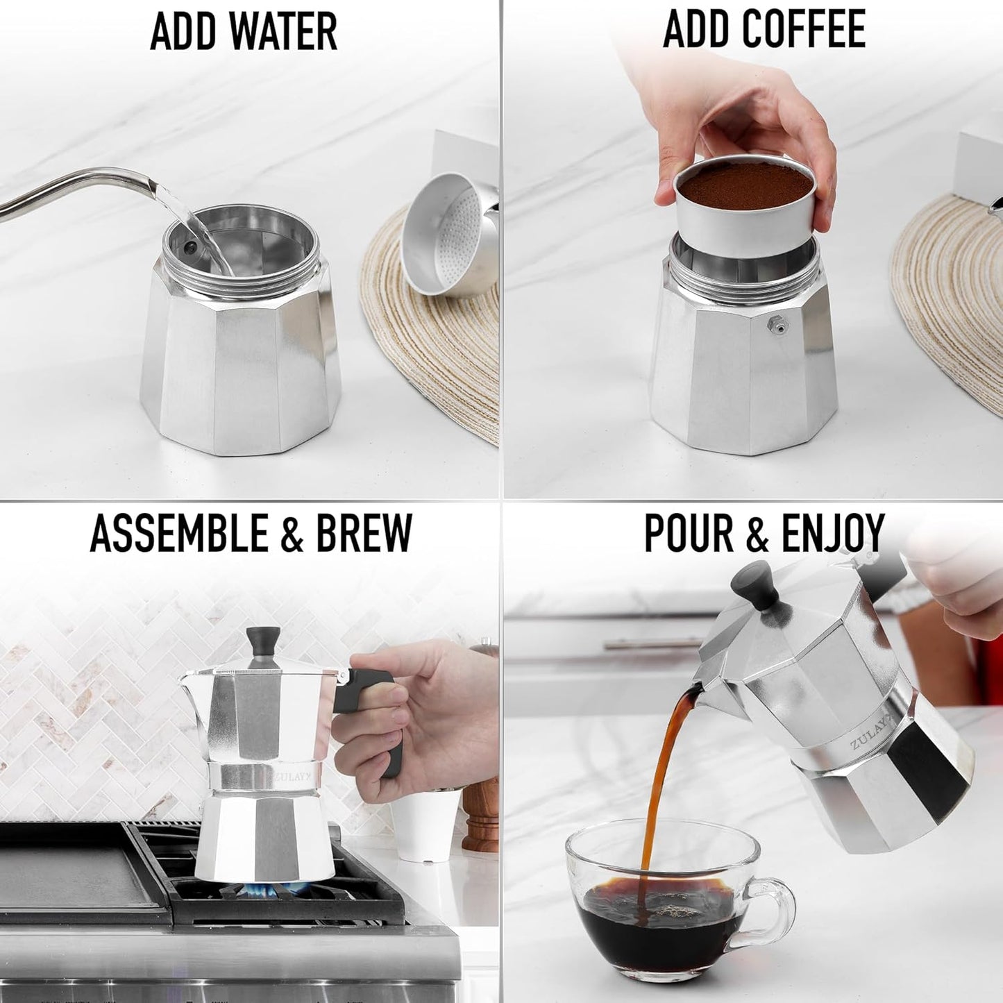 Zulay Moka Pot Espresso Stovetop Coffee Maker - Leak-Proof, Stainless Steel, Easy to Clean, Heat Resistant Handle & Knob -for Authentic Cuban & Italian Style Espresso - Makes 12 Espresso Cups - Silver