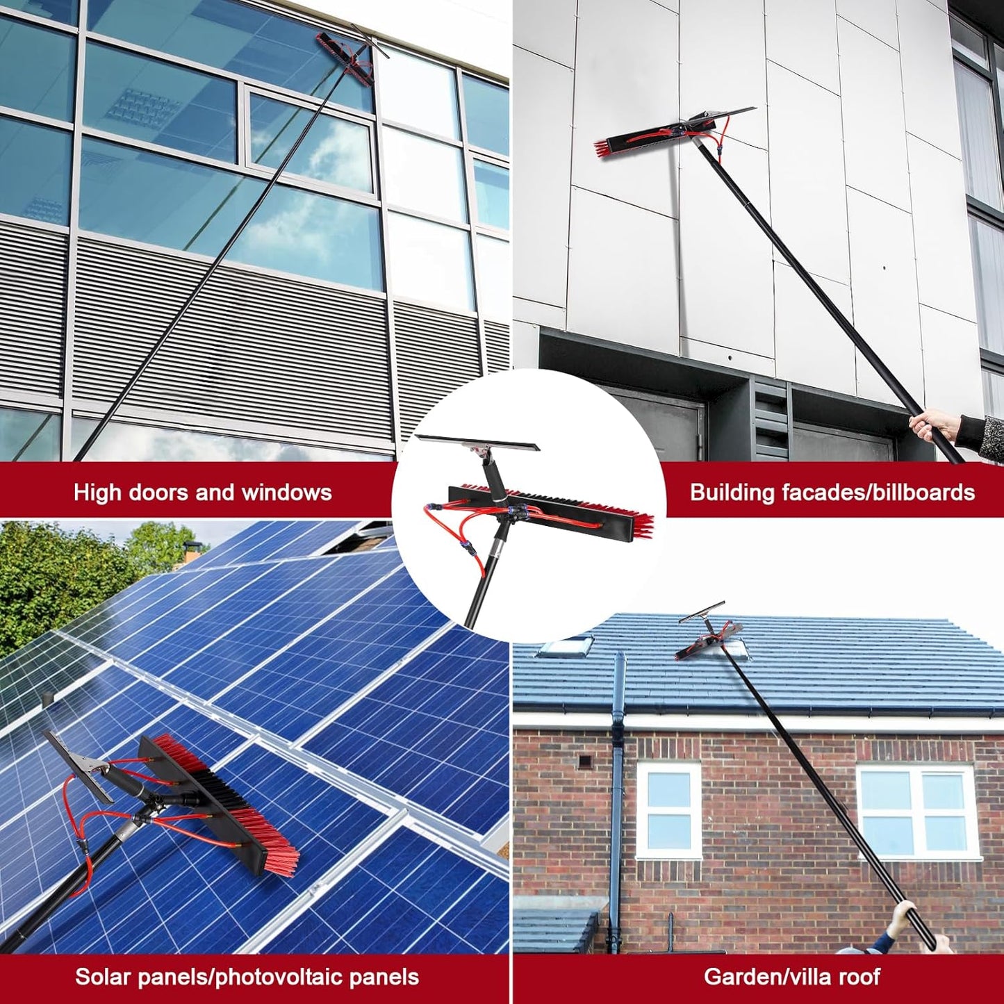 35ft Long Reach Solar Panel Cleaning Brush & Squeegee Kit, Aluminum Extendable Water Fed Pole Kit, 22in Wide Brush,Squeegee, Bendable Dusting Brush, Outdoor Window Washing Equipment Tool Kit