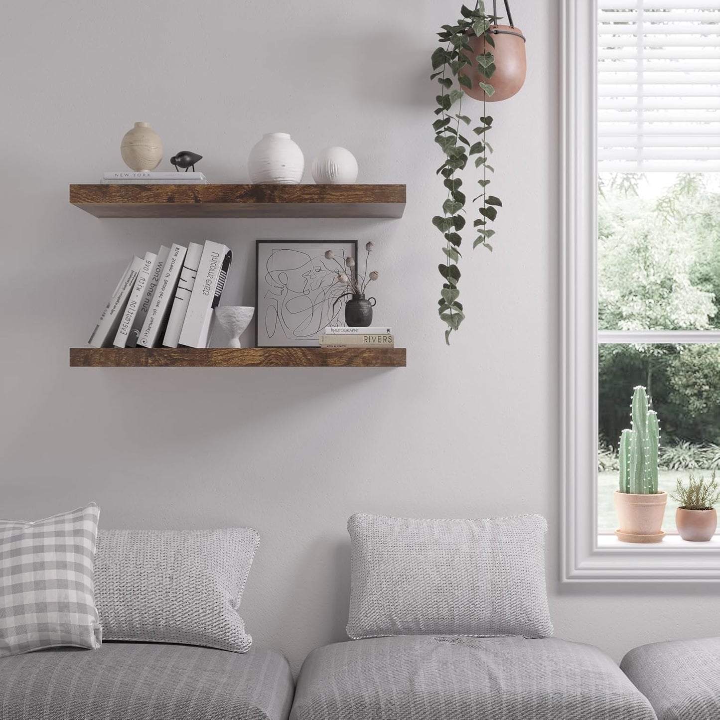 Floating Shelf, Set of 1 Wall Shelf, 24 in W x 12.75 in D x 2 in H Wooden Floating Wall Shelf with Invisible Brackets for Living Room/Bedroom/Bathroom/Kitchen Storage and Decor, Rustic Brown