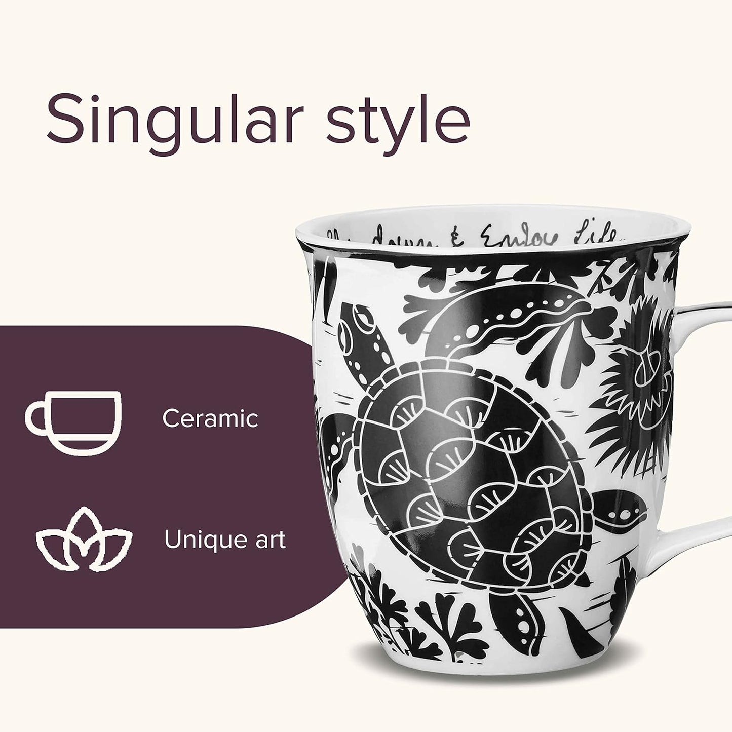Karma Gifts 16 oz Black and White Boho Mug Sea Turtle - Cute Coffee and Tea Mug - Ceramic Coffee Mugs for Women and Men, 1 Count (Pack of 1)