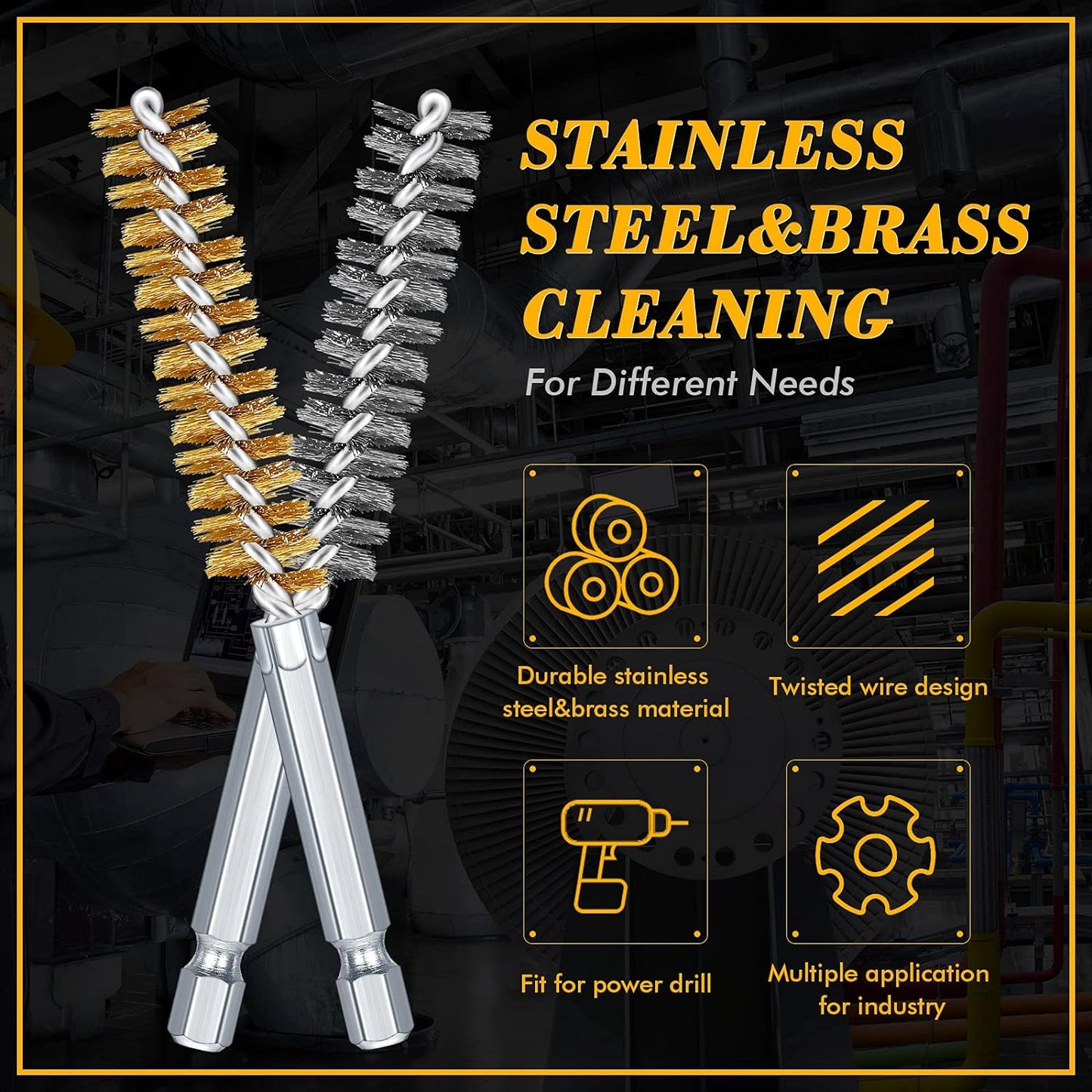 12 Pieces Bore Brush for Drill Wire Bore Brush Set Wire Cleaning Set Stainless Steel Cleaning for Power Drill Impact Driver (Stainless Steel,Brass)
