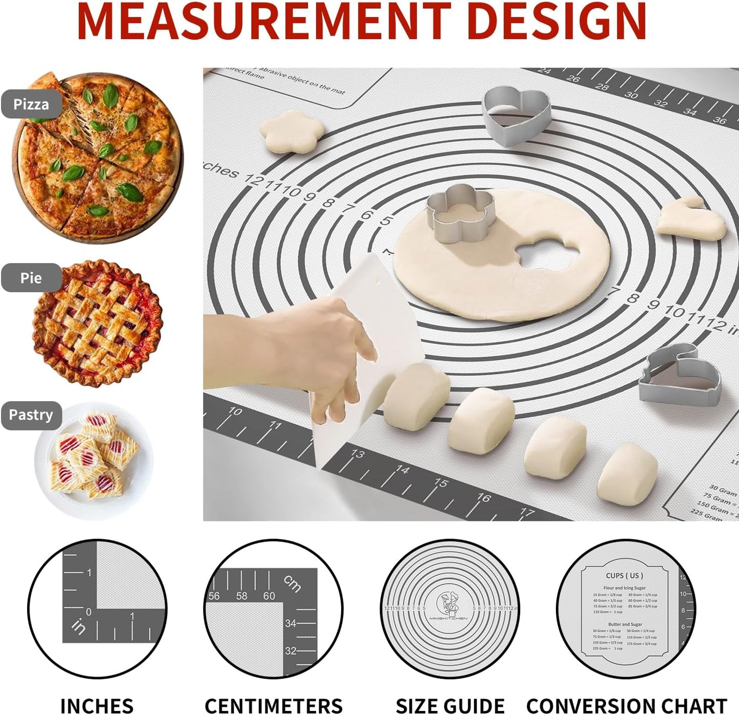 Silicone Baking Mat with Measurement, Non Stick Silicone Pastry Mat for Dough Rolling, Silicone Mat for Baking Macaron Pizza Cookies Pie Crust Oven, Silicone Bread Mat