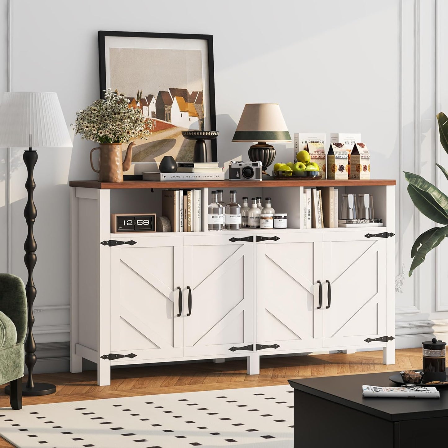 Buffet Sideboard with Storage Farmhouse with 4 Doors, 55'' Large Kitchen Storage Cabinet Wood Coffee Bar Cabinet Buffet Table with Shelves for Kitchen, Dining Room, Entryway