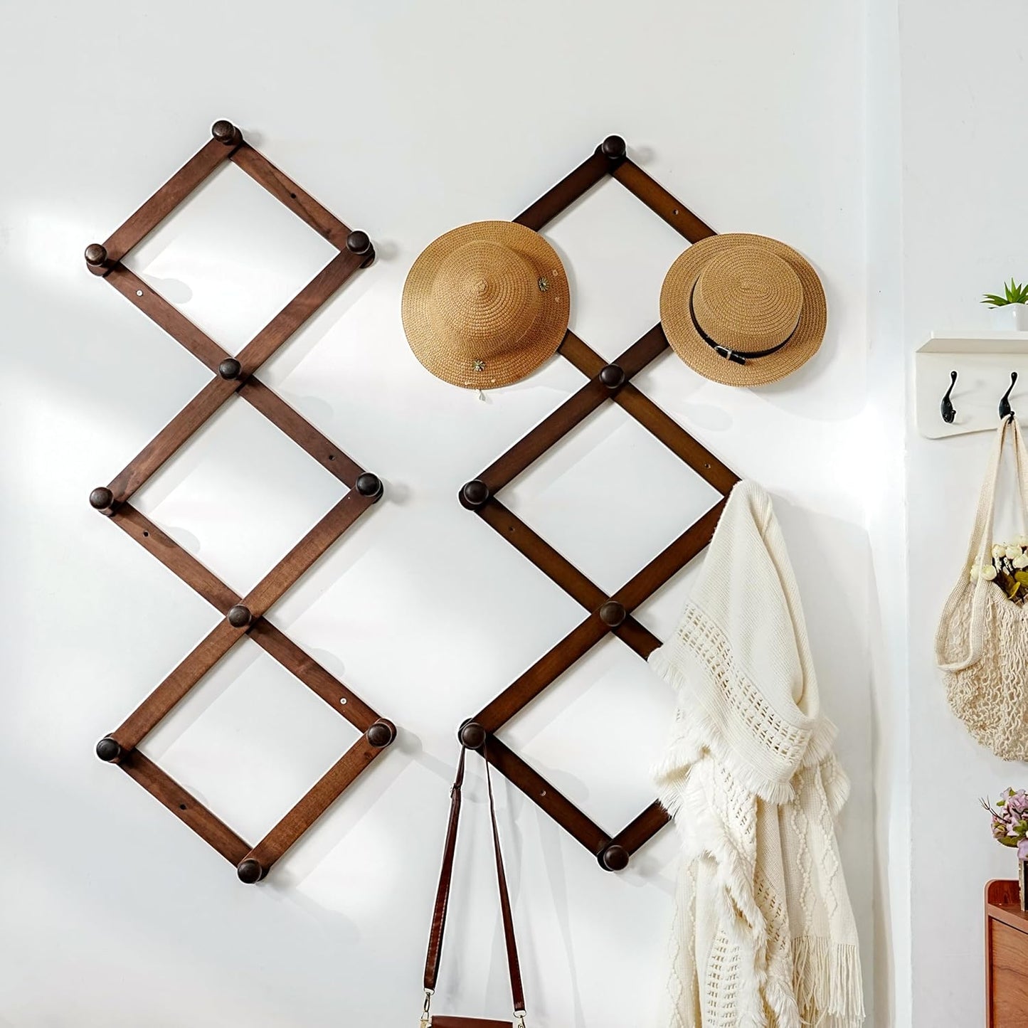 Dseap Expandable Coat Rack (Larger Version) - 24” High, Anti-Slip, Ultra Heavy Duty Wooden Accordian Wall Hanger with 10 Study Peg Hooks for Clothing Hats Jackets Bags, Natural